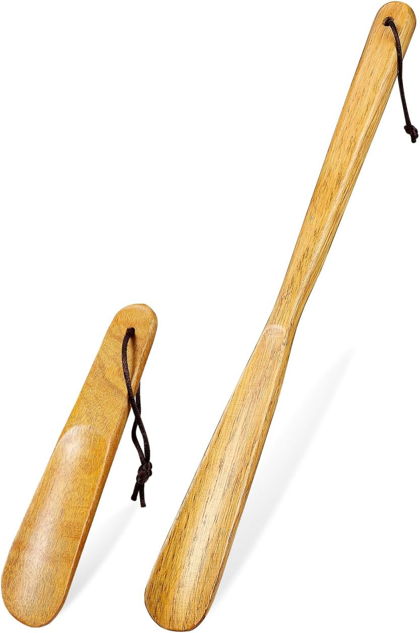 2pcs Wood Shoehorn Long and Short Handle Shoe Horn Shoe Spoon Non Slip Shoe