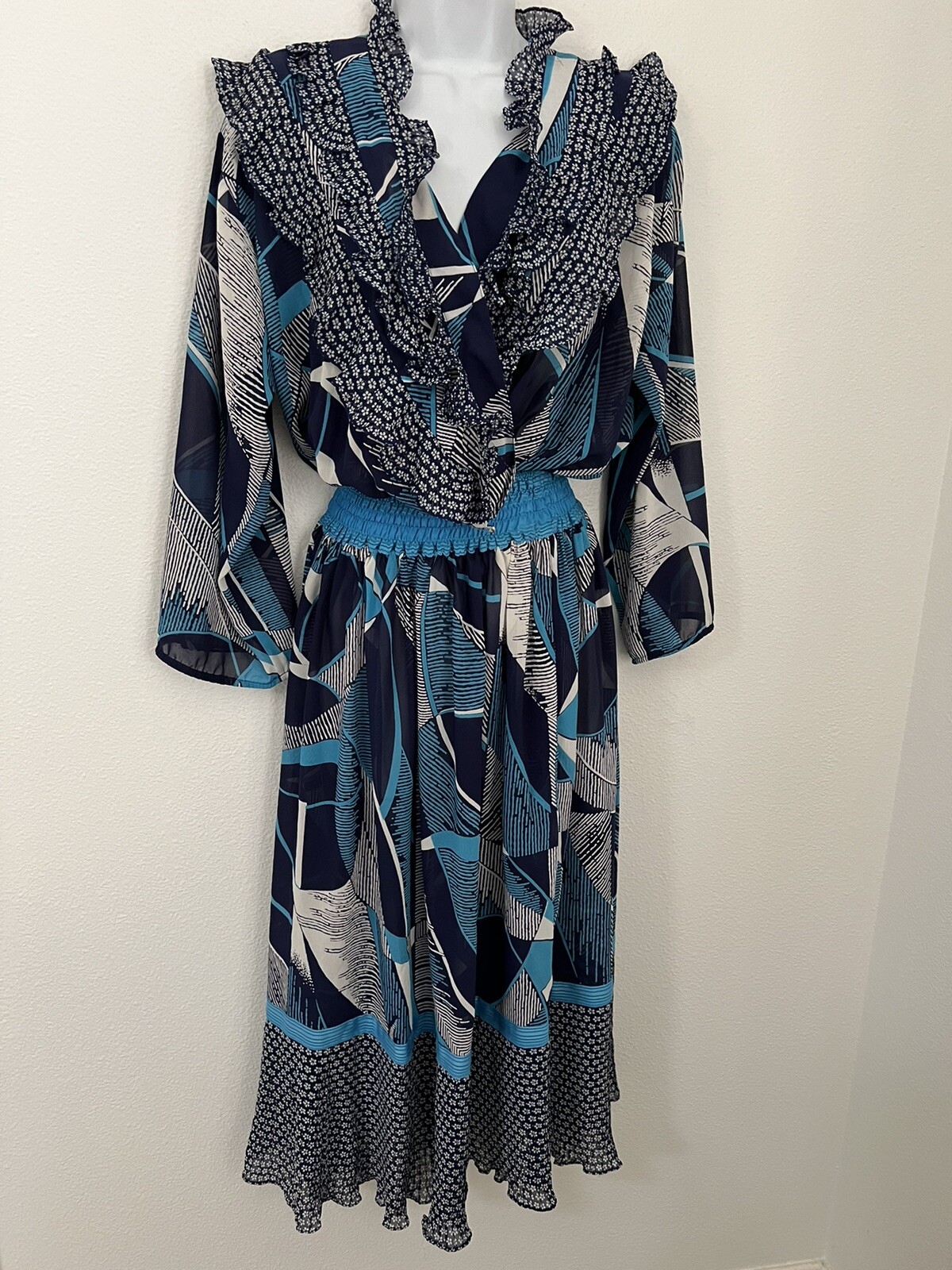 Vintage Lachine 80s Dress Boho Floral Patchwork Faux Wrap Maxi MIDI Dress M