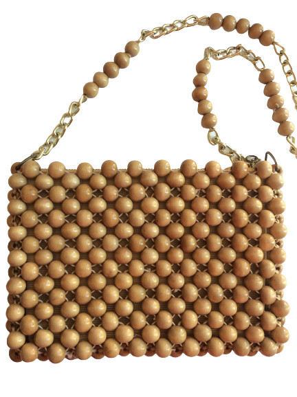 La Fleur Wooden Bead Shoulder Purse Bag 1960s Chain Strap Japan Wood 70s Vintage