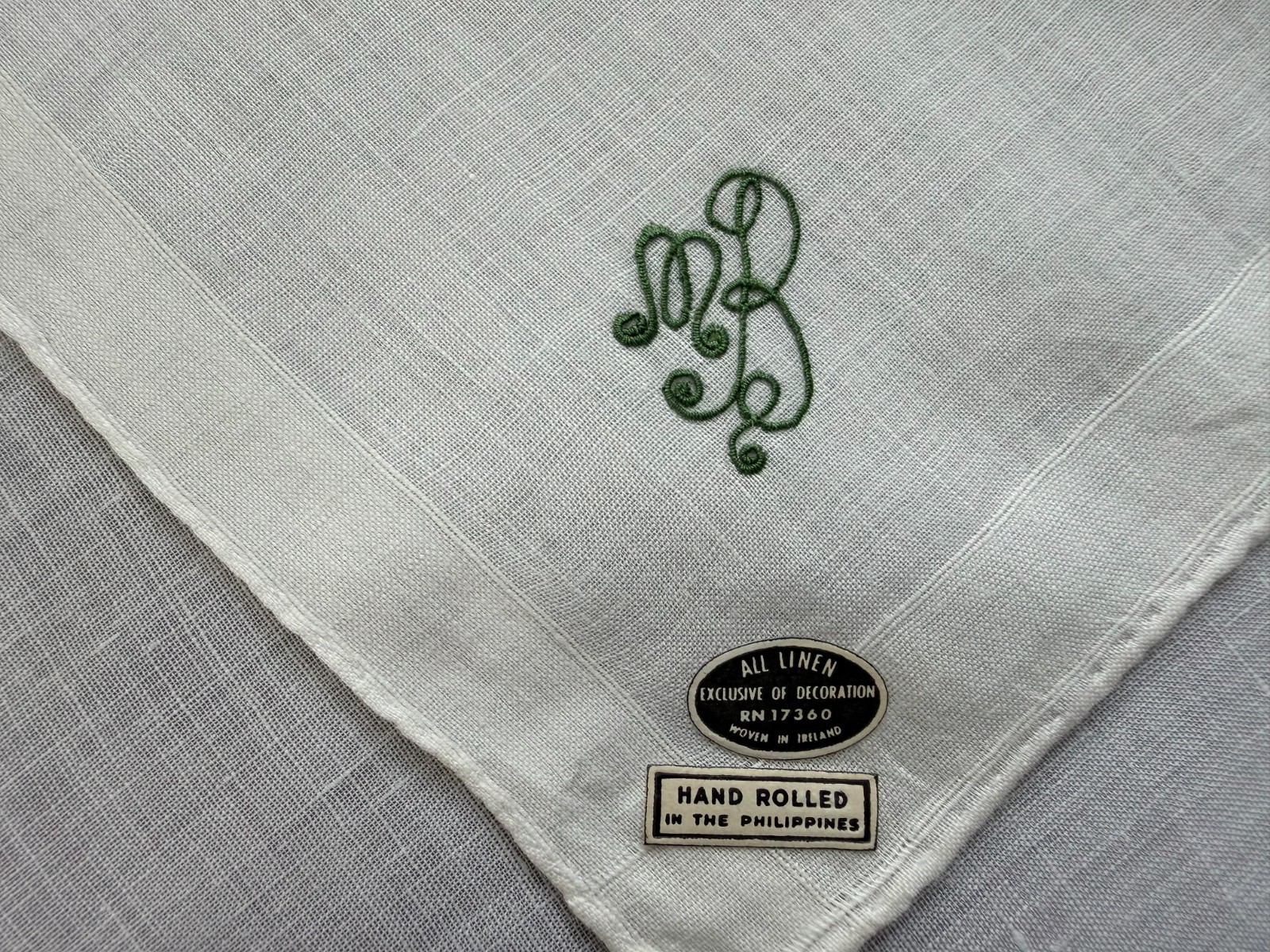 VINTAGE HANDKERCHIEF FINE WHITE LINEN MENS MONOGRAM MB NEW W/TAGS SPECIAL MADE