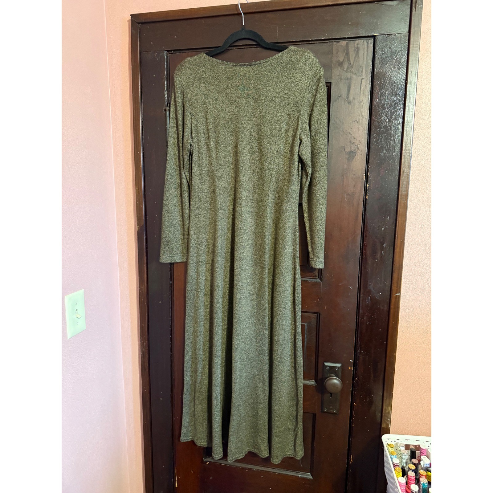 Vintage In Touch Grey Marled Knit Button Front Maxi Dress Womens Shoulder Pads