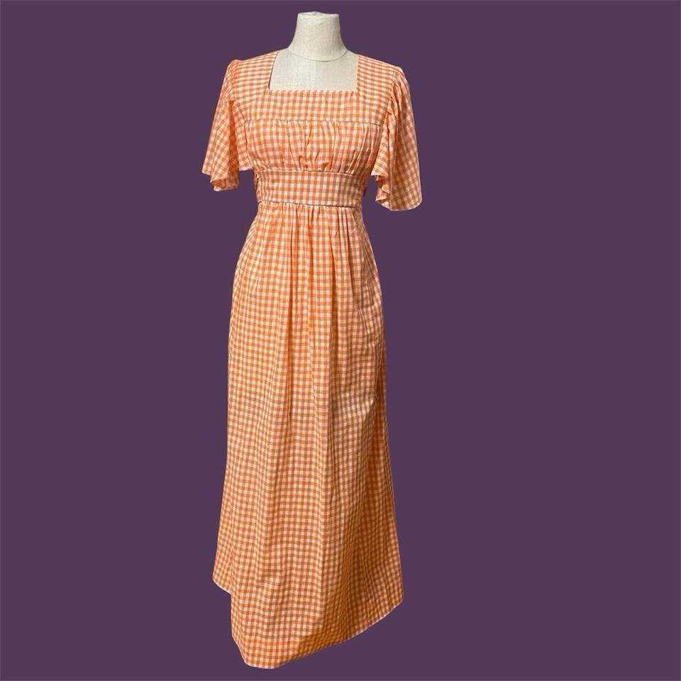 60s Handmade Orange Gingham Cottage Maxi Dress