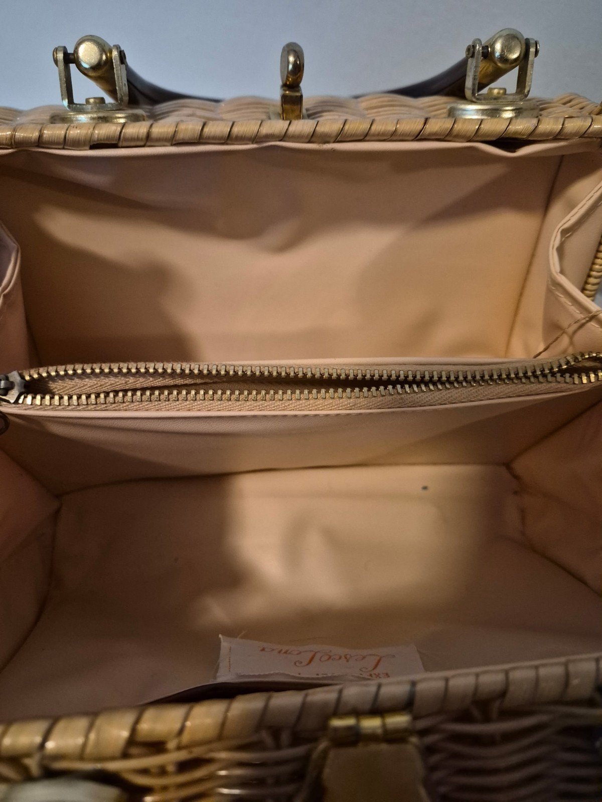 Mid-Century Modern Lucite Top Handle Tan Wicker Box Handbag Lesco Lona Hong Kong