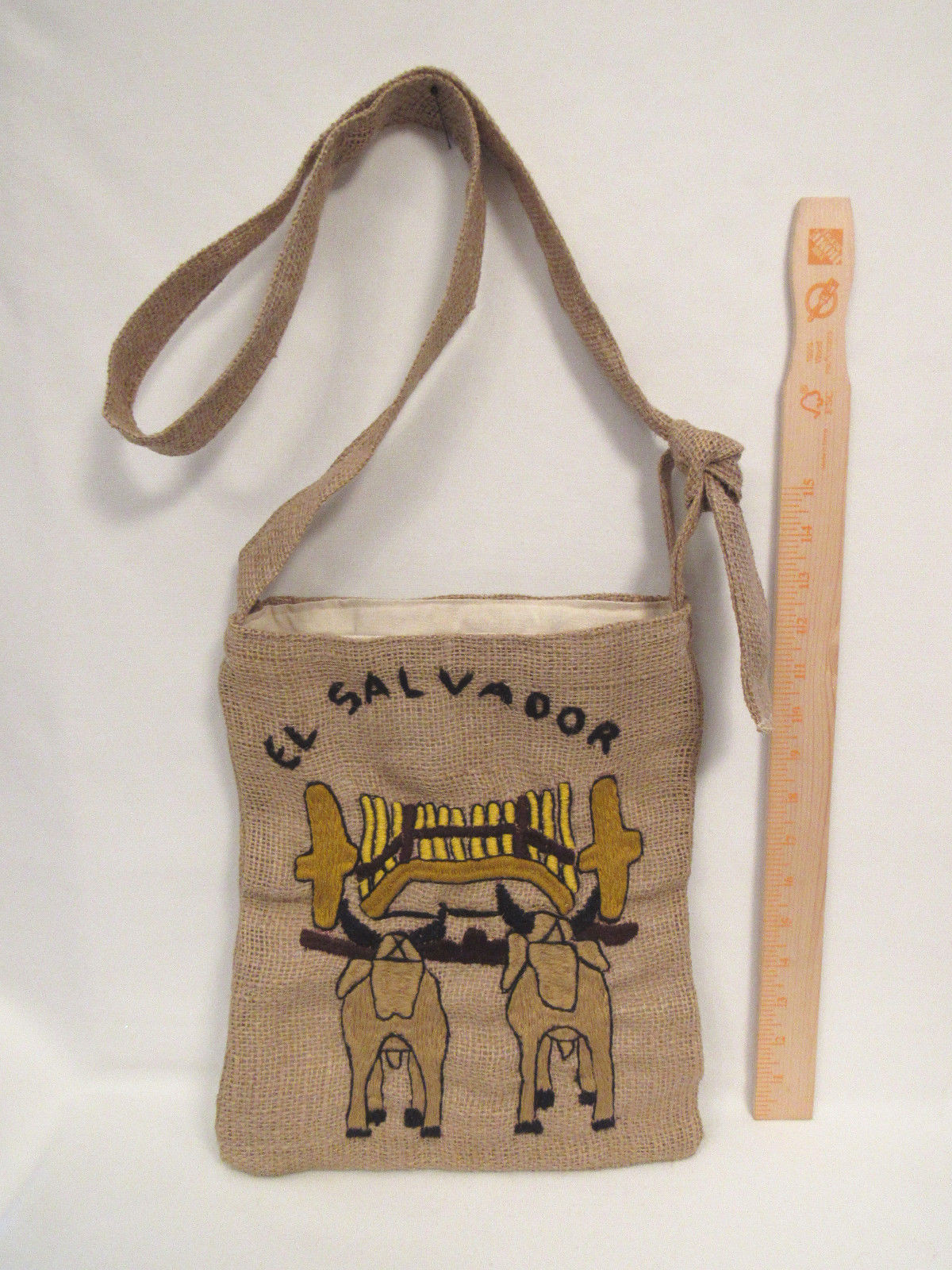 LA ESPERANZA EL SALVADOR BURLAP SHOULDER BAG EMBROIDERED OXEN FULLY LINED NEW