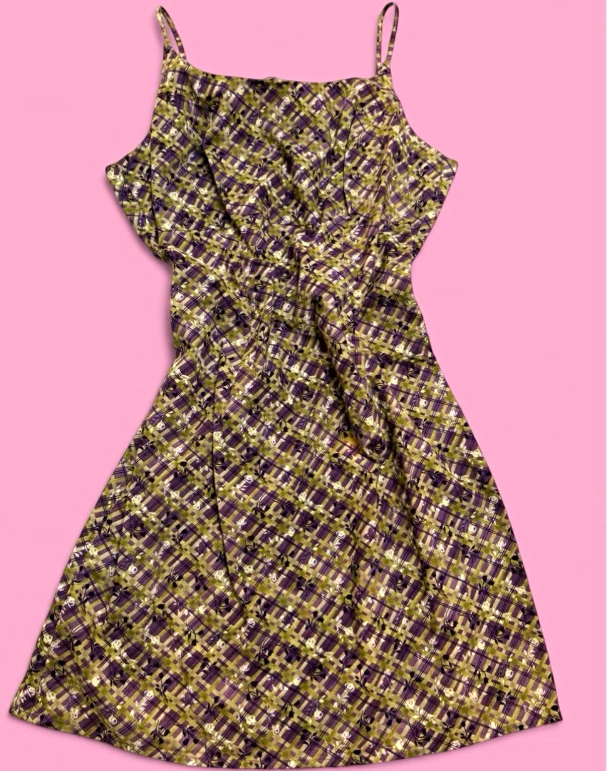 Vintage Timeless Tickets Purple/Green Plaid Square Neck A-Line Knee Zip Dress