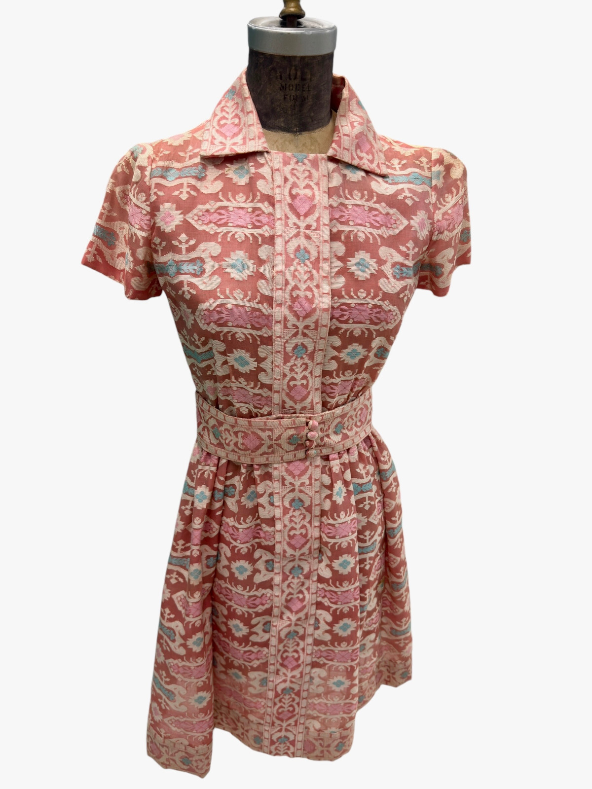 Vintage 1950s Pink & Turquoise Southwestern Pattern Belted Dress Small