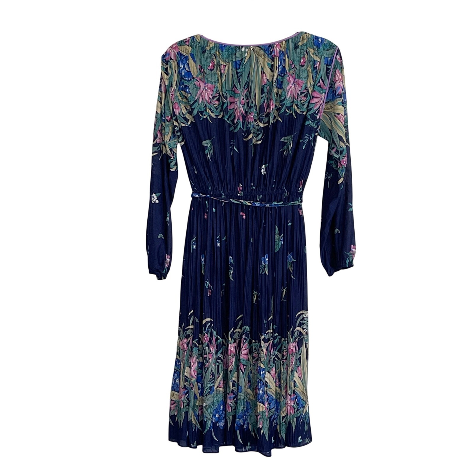 Vintage Hal Ferman 70s Garden Floral Pleated Midi Dress Navy ILGWU Union Made