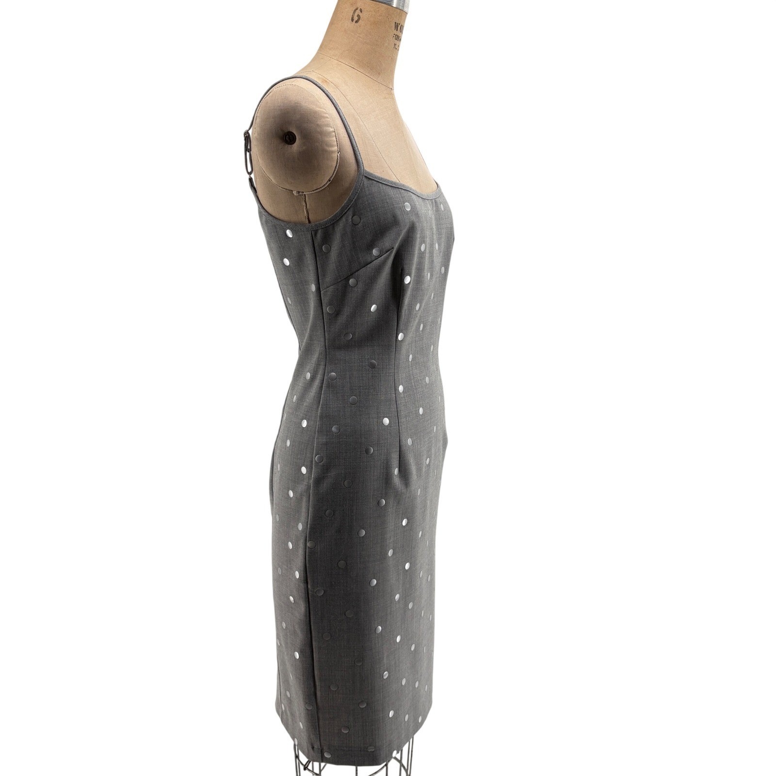 Moschino Jeans Gray Wool Blend Silver Polka Dot Midi Sheath Dress 10/44 Stylish