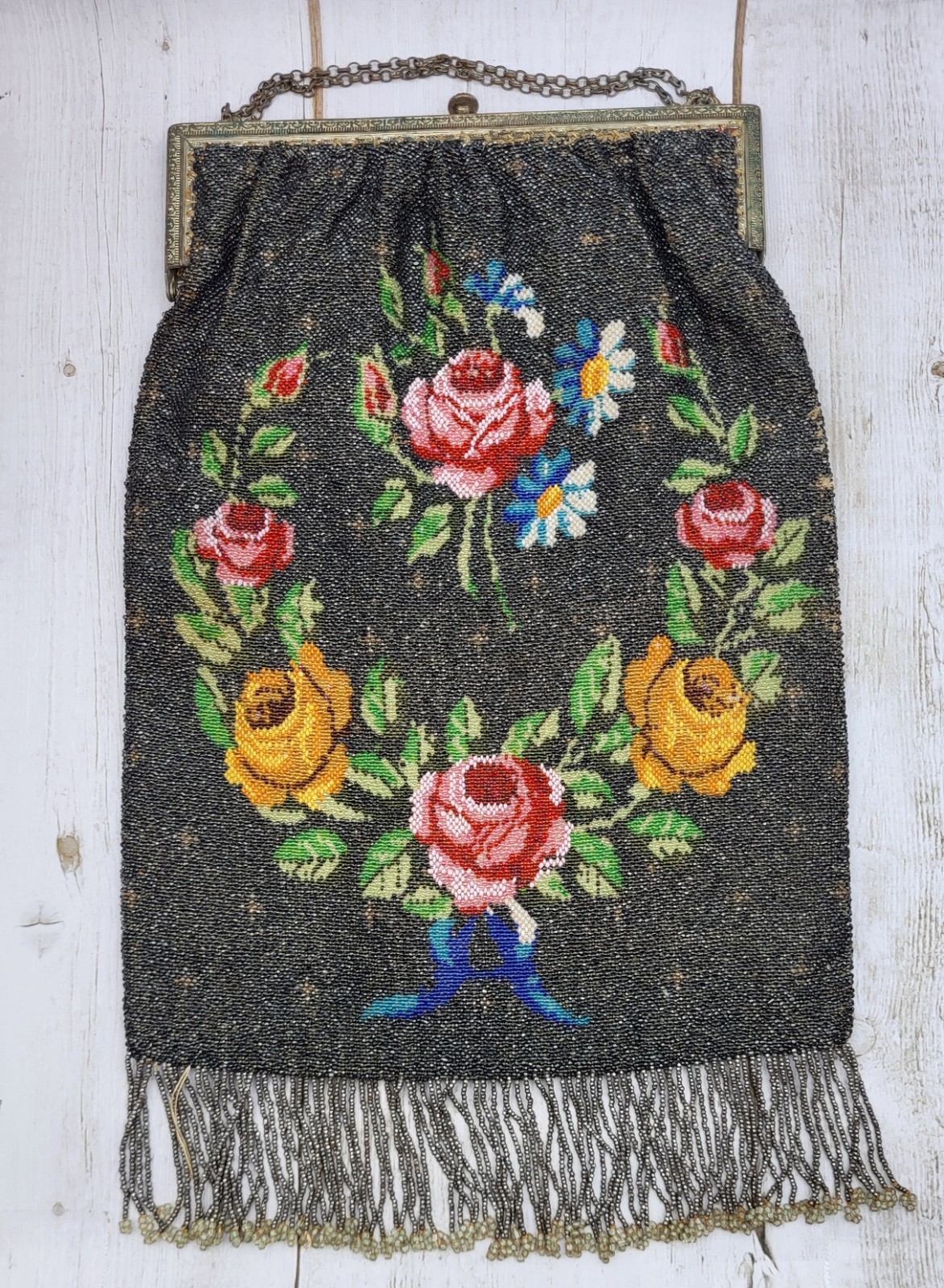 Large 13″ Antique Art Nouveau Floral Beaded Purse Handbag