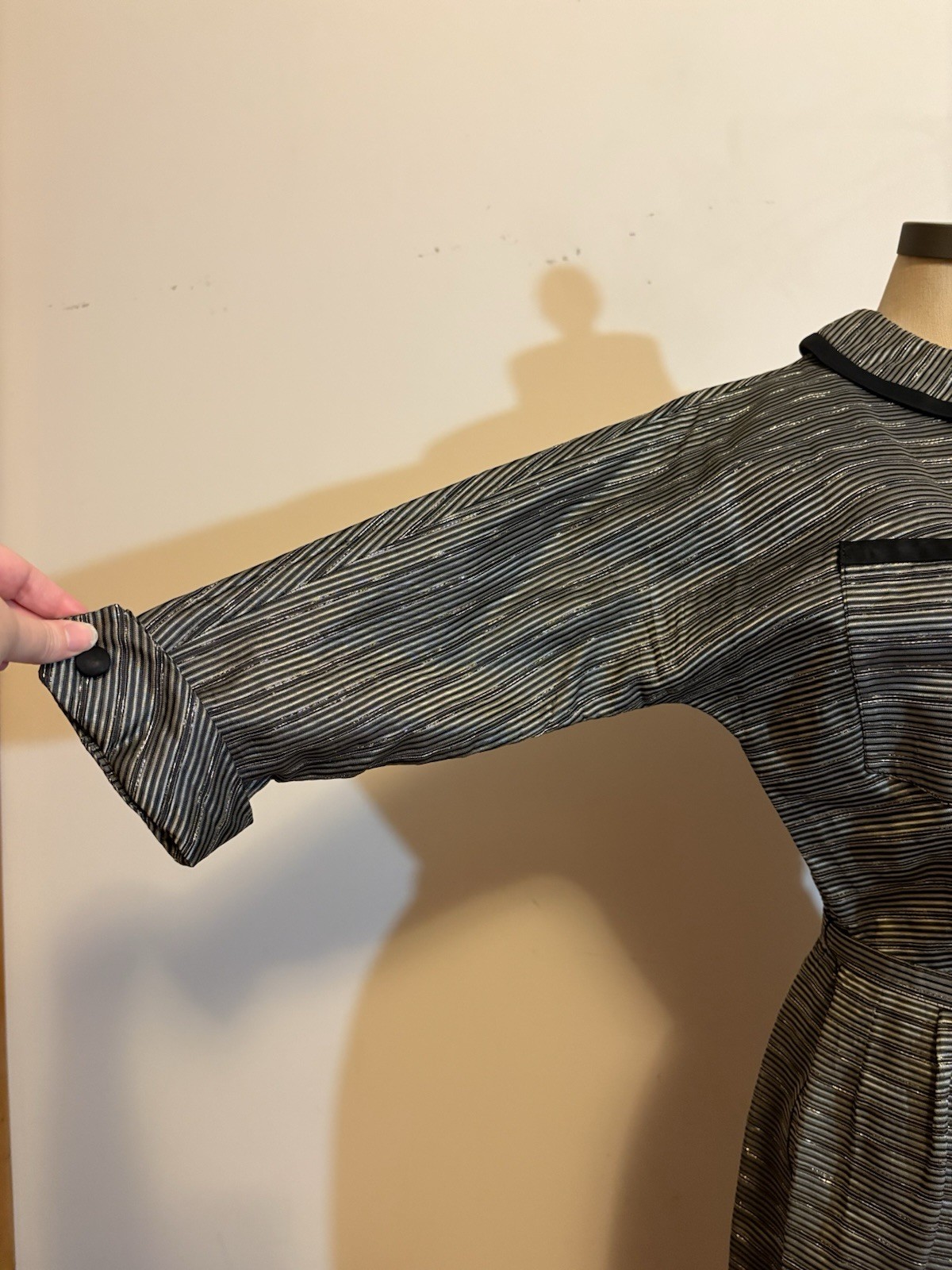 Vintage 1950s Women’s Black & Silver Striped Button Up Dress Dolman Sleeves