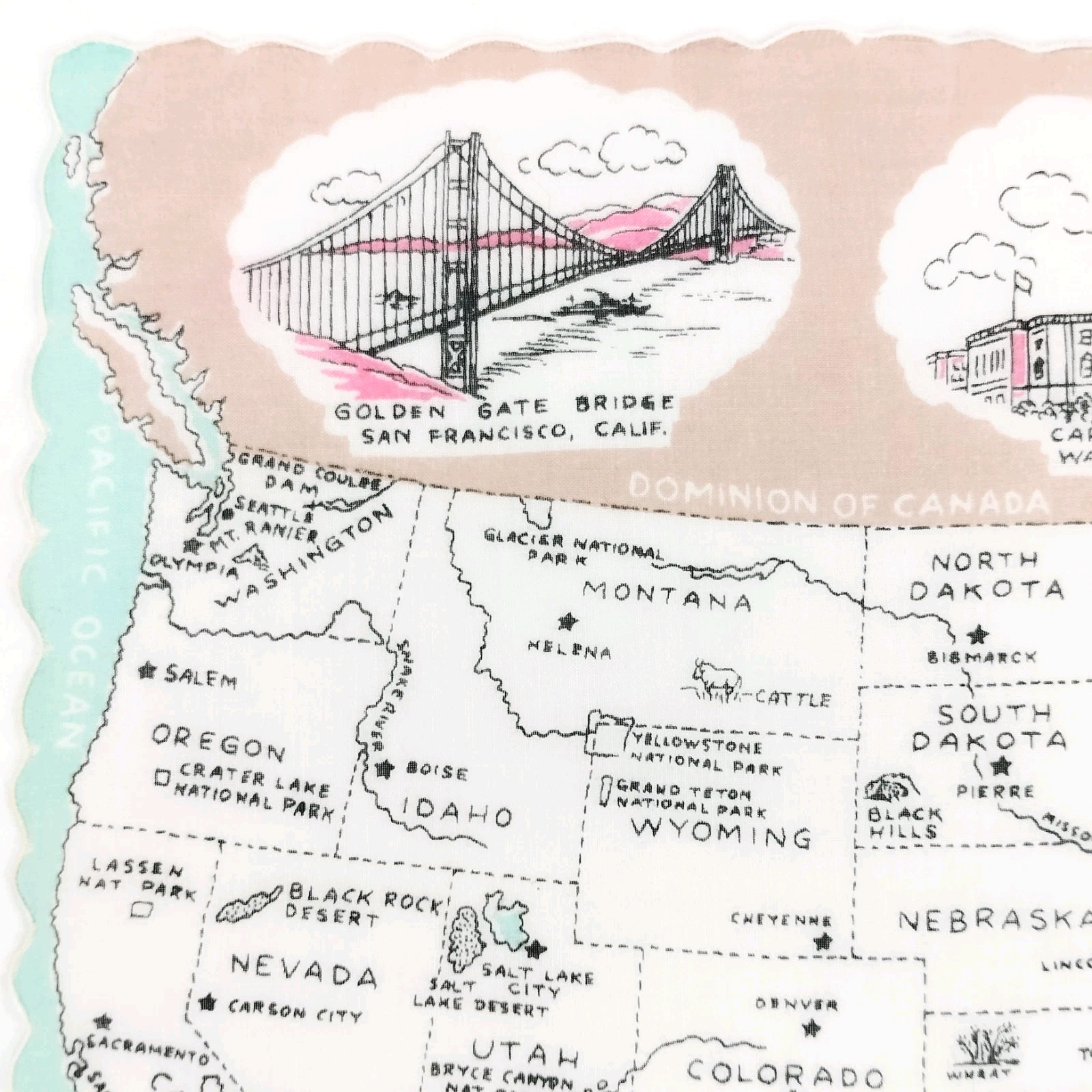 Vtg 50s Franshaw United States Map 48 States Hankie Travel Souvenir Blue Pink