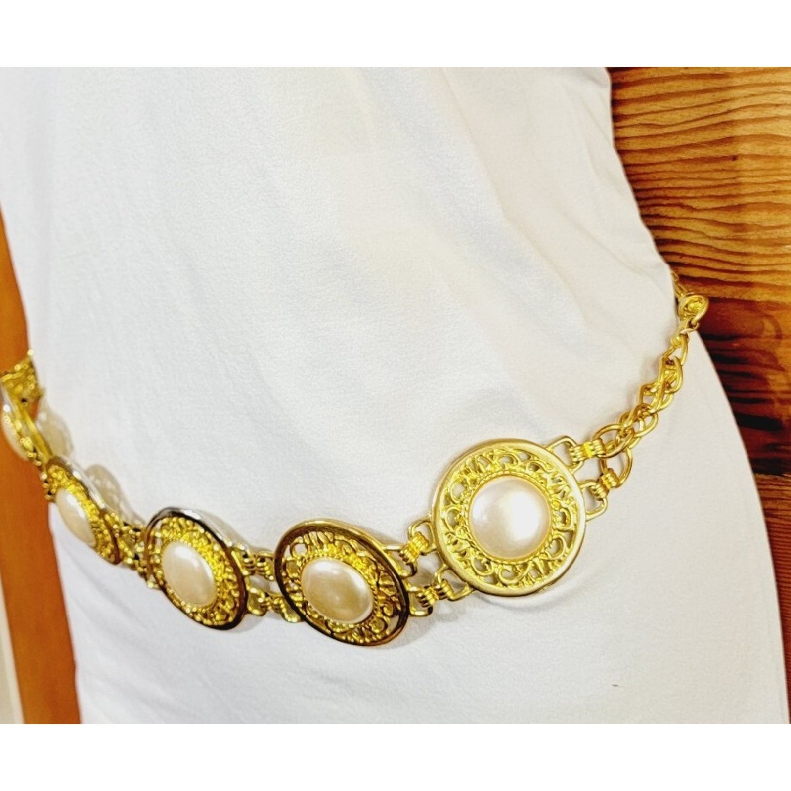 Vintage Harwill NY Ornate Faux Pearl & Gold-tone Adjustable Belt, 1980s Runway