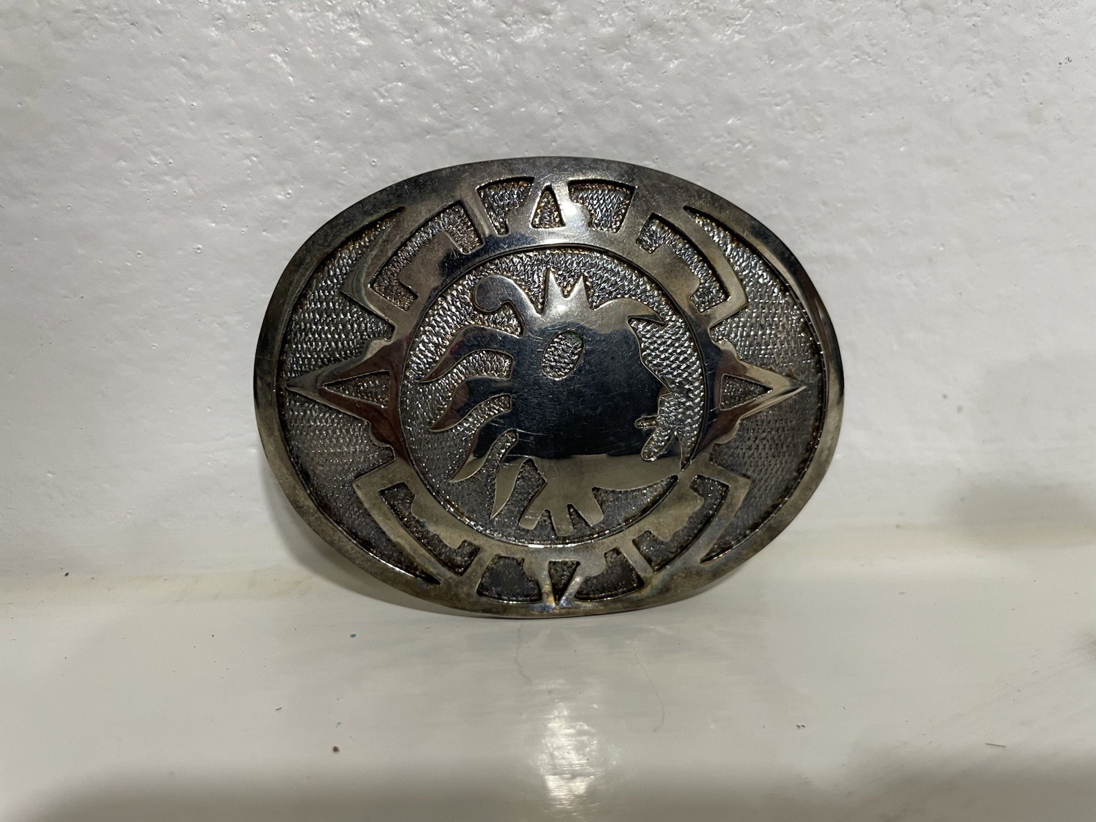 Mexico Oval Silver Tone Belt Buckle Southwest Western Sun or Aztec Warrior
