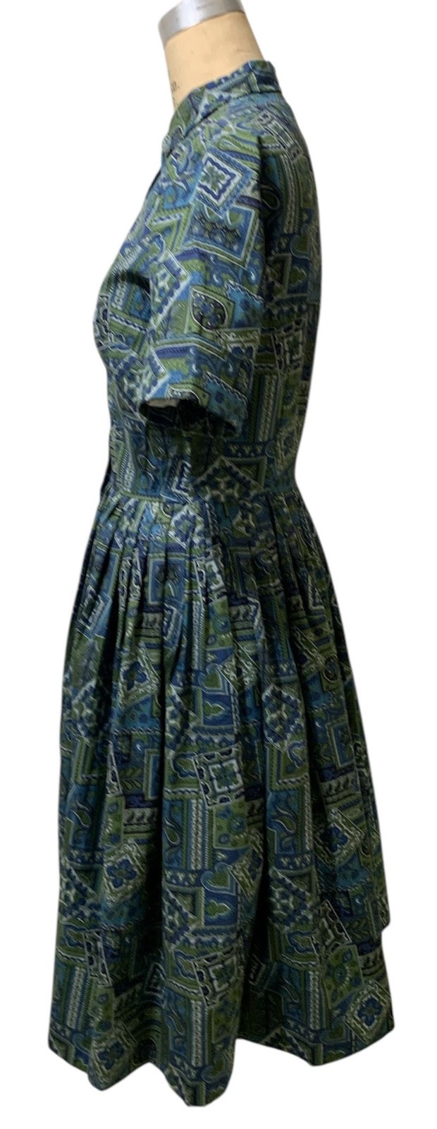Vintage 60s Women’s SS Blue Green Paisley Cotton Shirtwaist Dress – Sz M