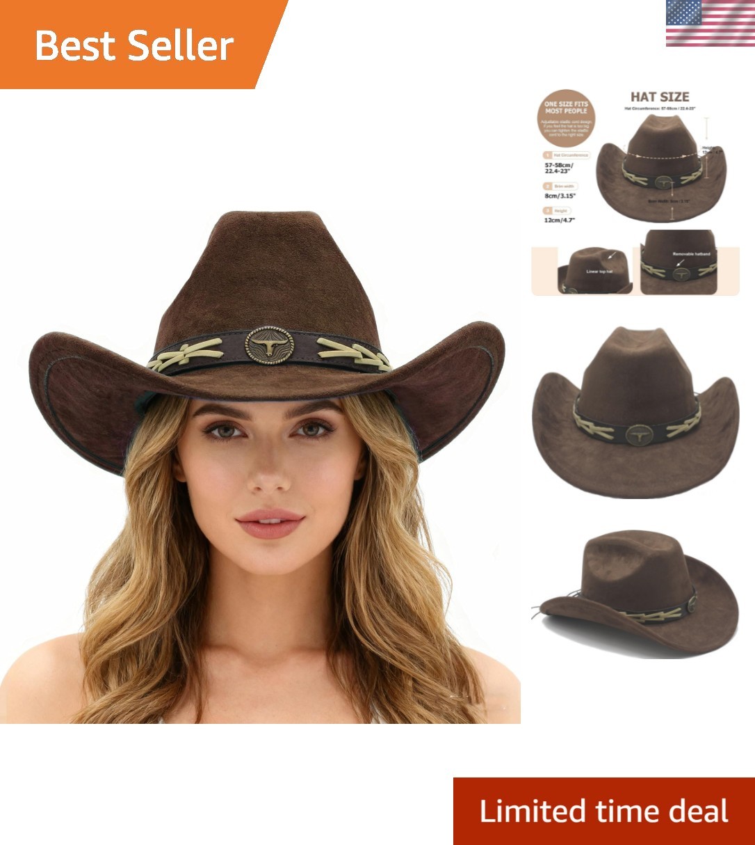 Western Cowboy Hat for Women Men with Band Wide Brim Suede Cowboy Cowgirl Brown