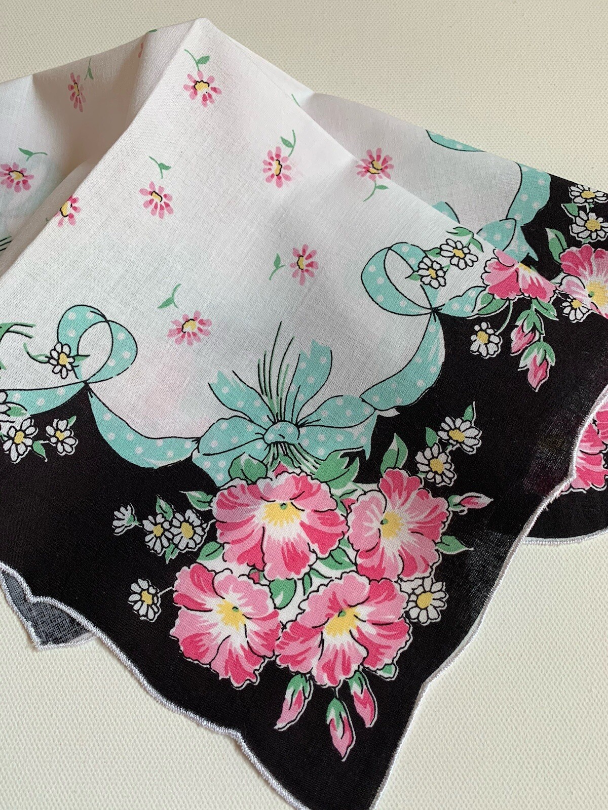 Beautiful New Black Floral Handkerchief ~ Darling Polka Dot Ribbon LuRay Hankie!
