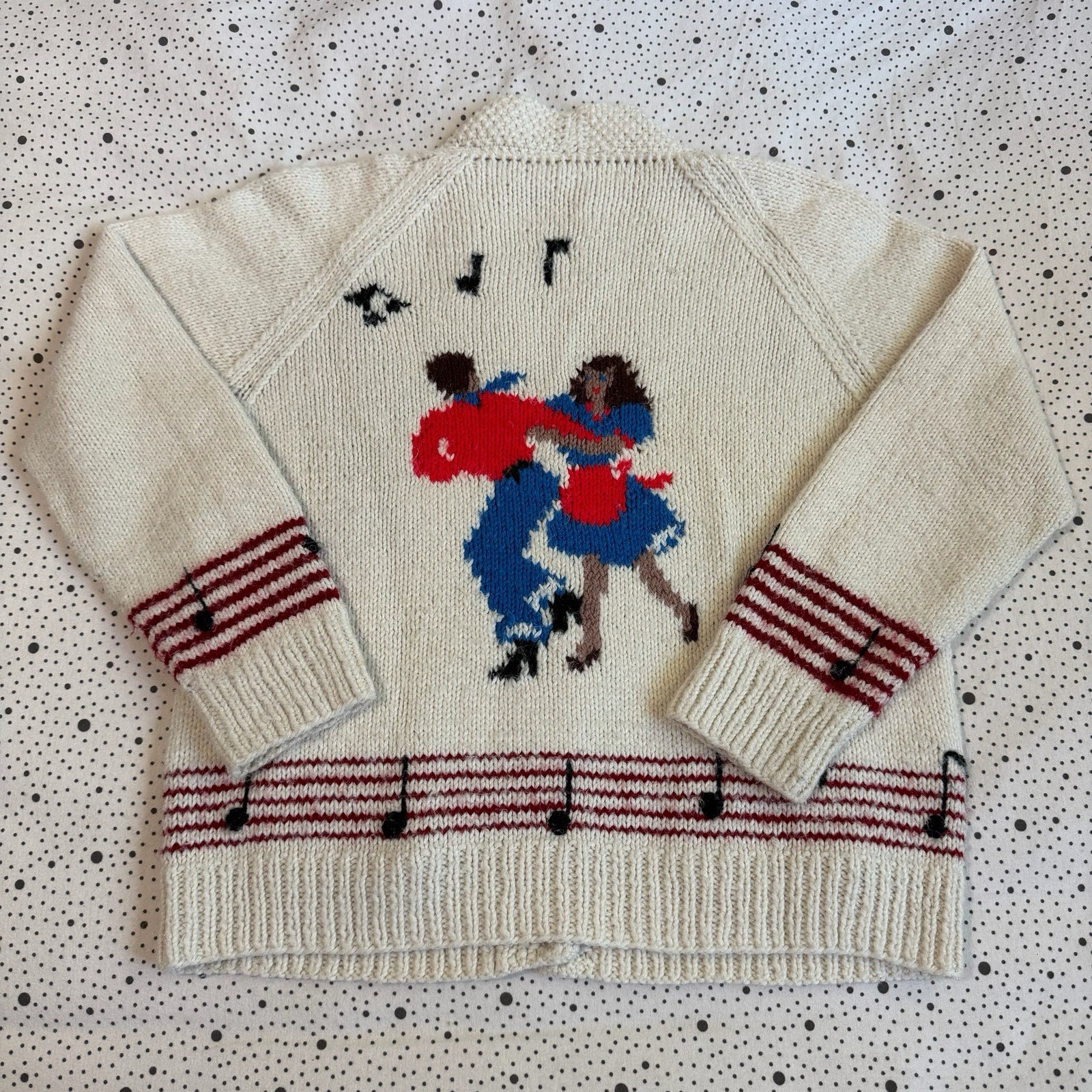 Vintage 1970s Knit Cardigan Sweater Women’s Medium (20×22.5) Music Dance Artsy