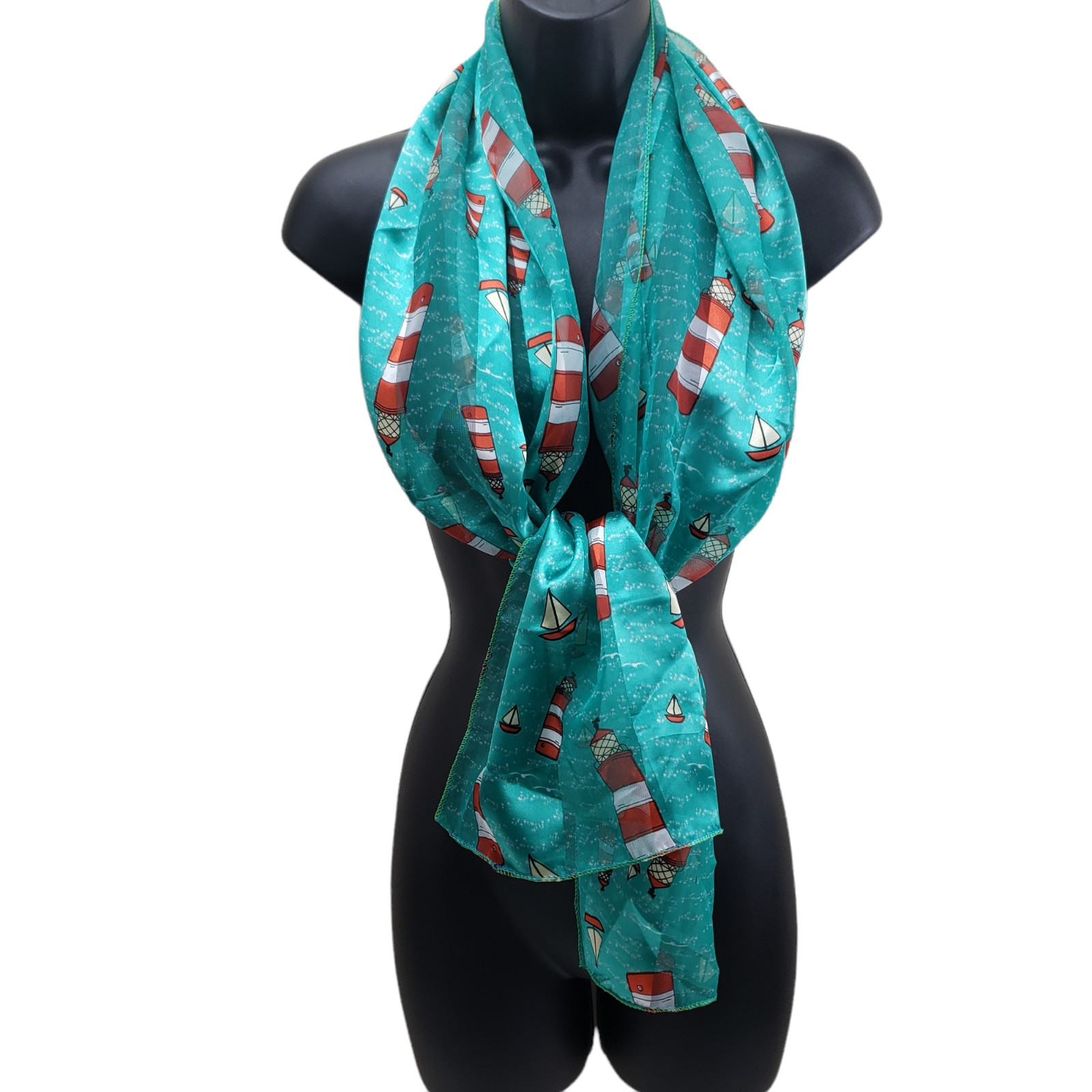 Vintage Appex Women’s Scarf Green Red Lighthouse Polyester 14″/60″ Korea