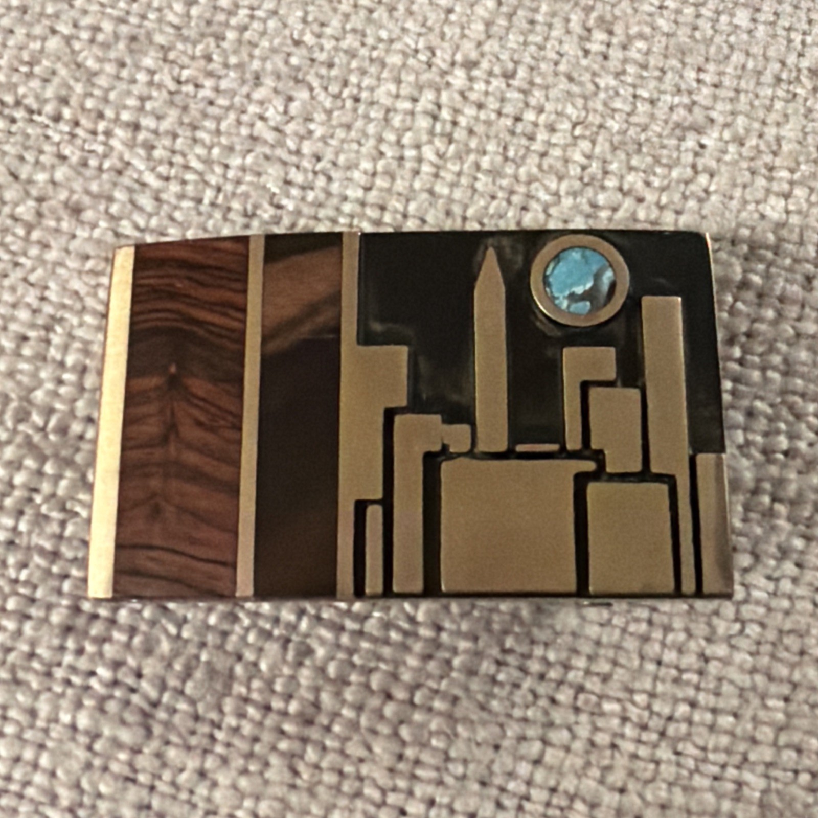 CityScape Exotic Woods Solid Brass with Turquoise Moon Kenneth Reid Belt Buckle