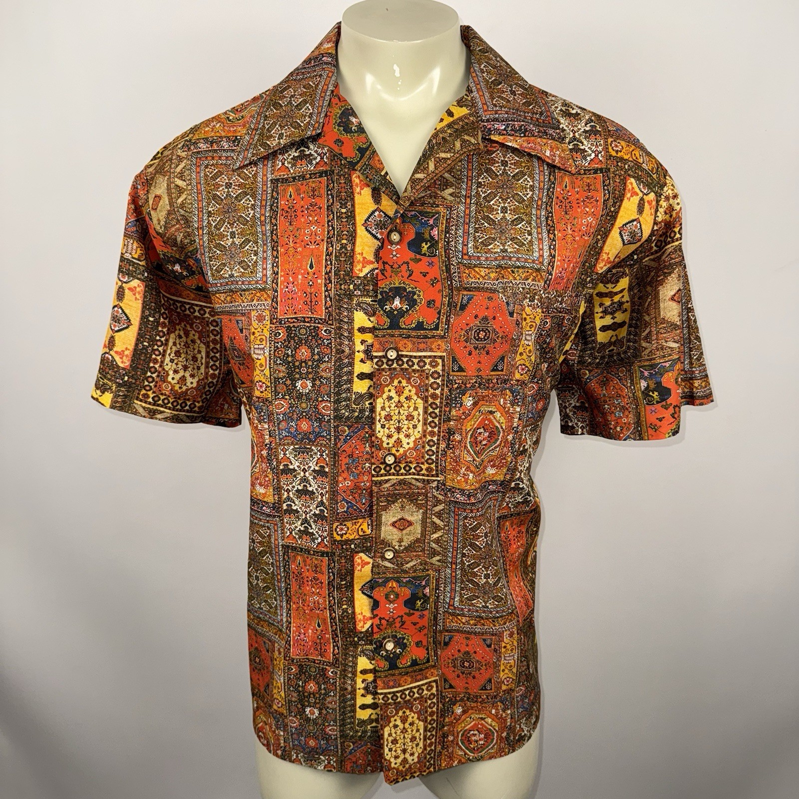 Vtg 1960s Andrade Shirt Loop Collar Hawaiian Disco Hippie Polyester Mens 2XL XXL