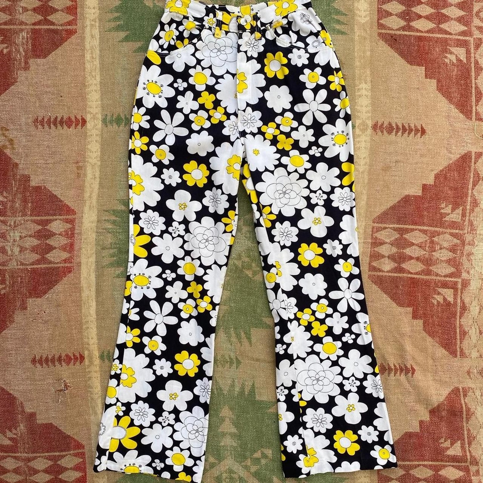1960s/70s cotton floral printed high waisted kick flare bootcut denim pants