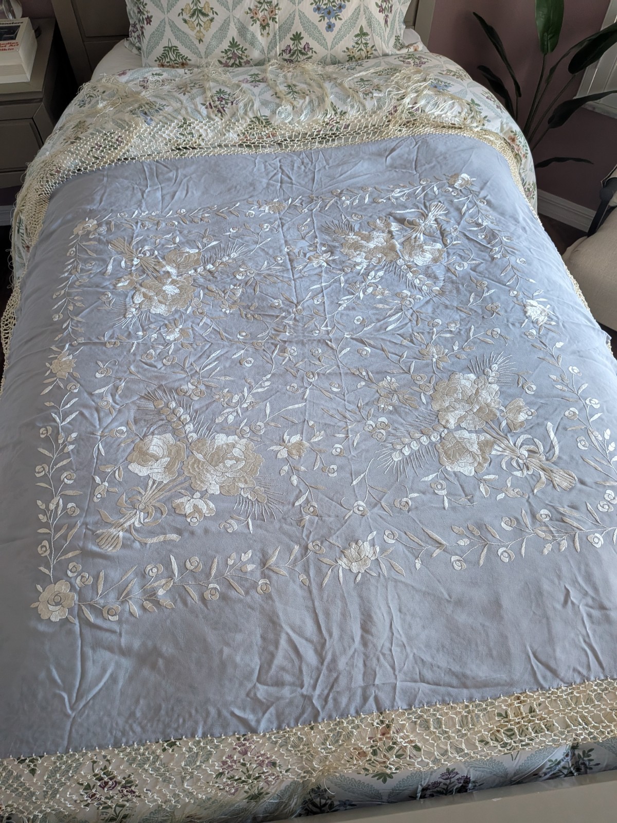 Vintage Hand-Embroidered Spanish Silk Wrap/Piano Shawl-Dove Gray and Cream