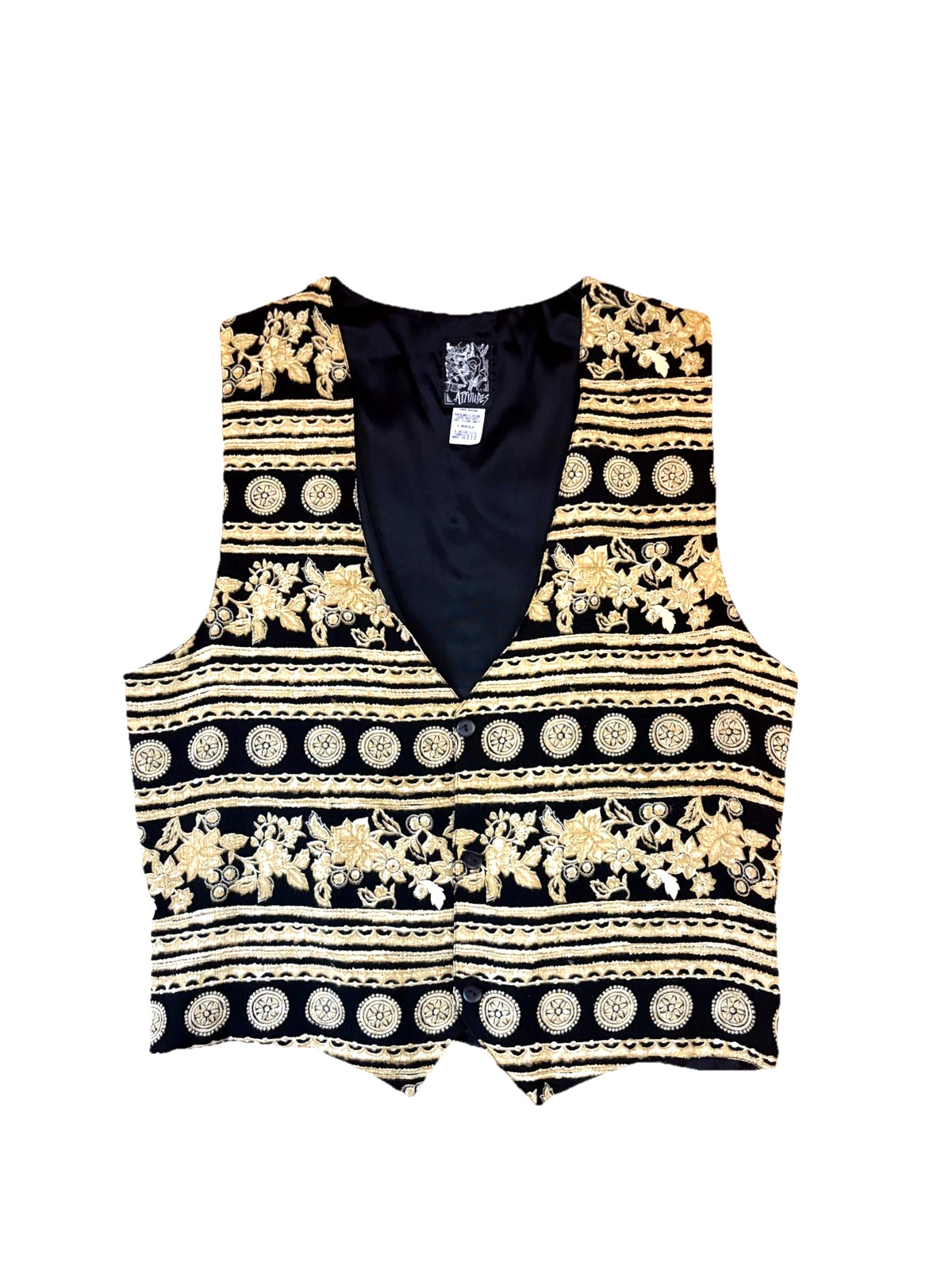 VTG 80s 90s Baroque Print Vest Unisex Black + Gold Boho Festival Grunge Rayon L