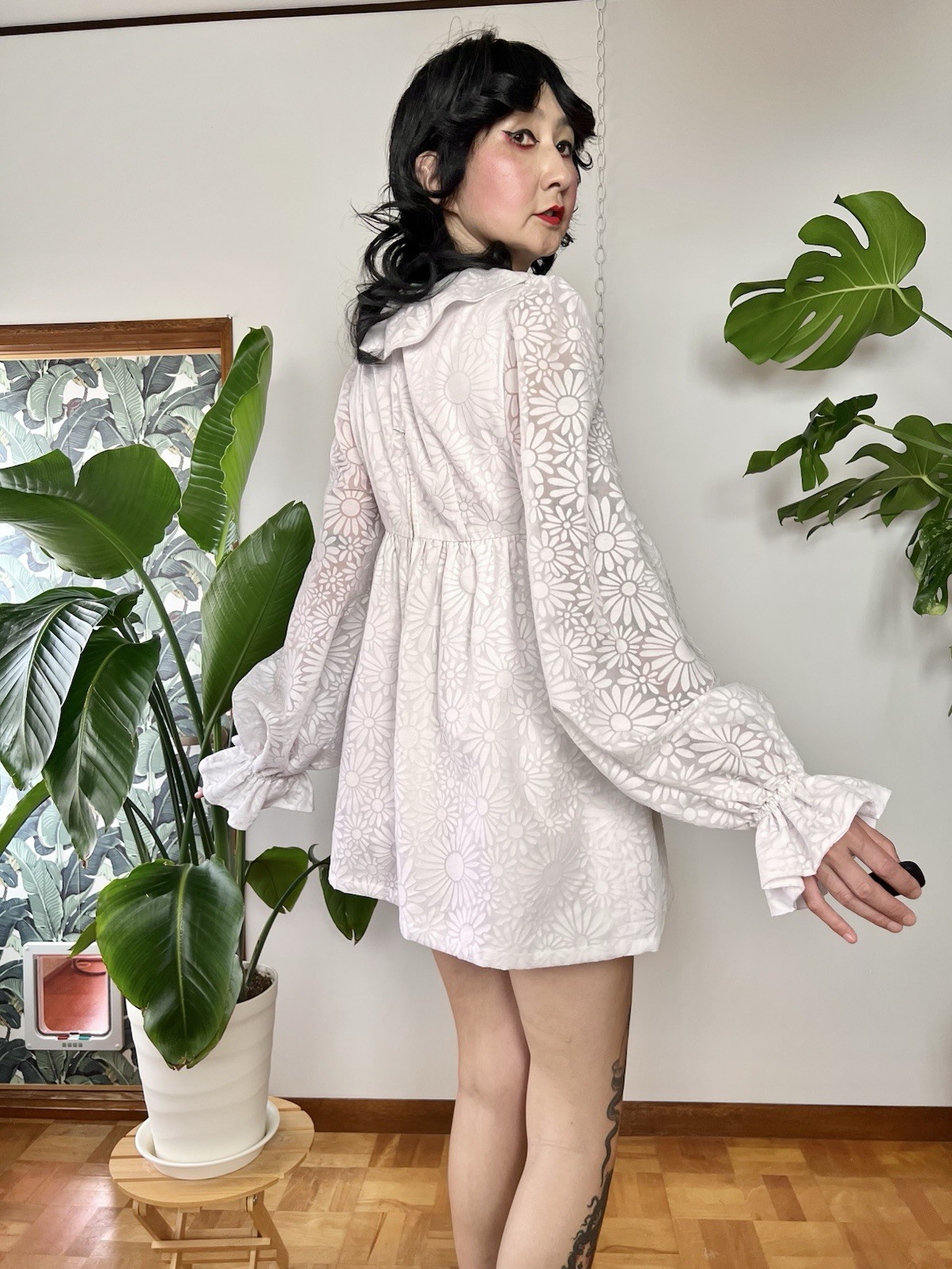 60s Mod Flocked Daisy Mesh Babydoll Mini Dress Sheer Balloon Sleeve Wedding XS/S