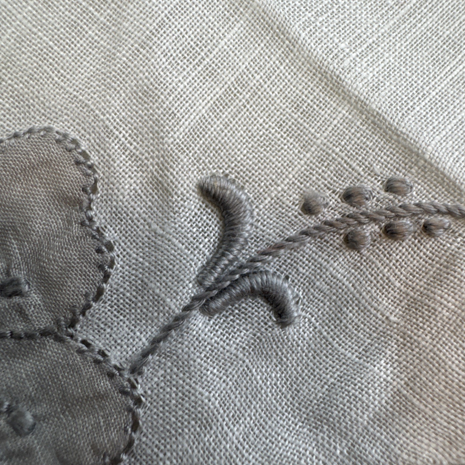 Vintage Gray Appliqué Embroidery Ribbon And Floral On Handkerchief 12” Square
