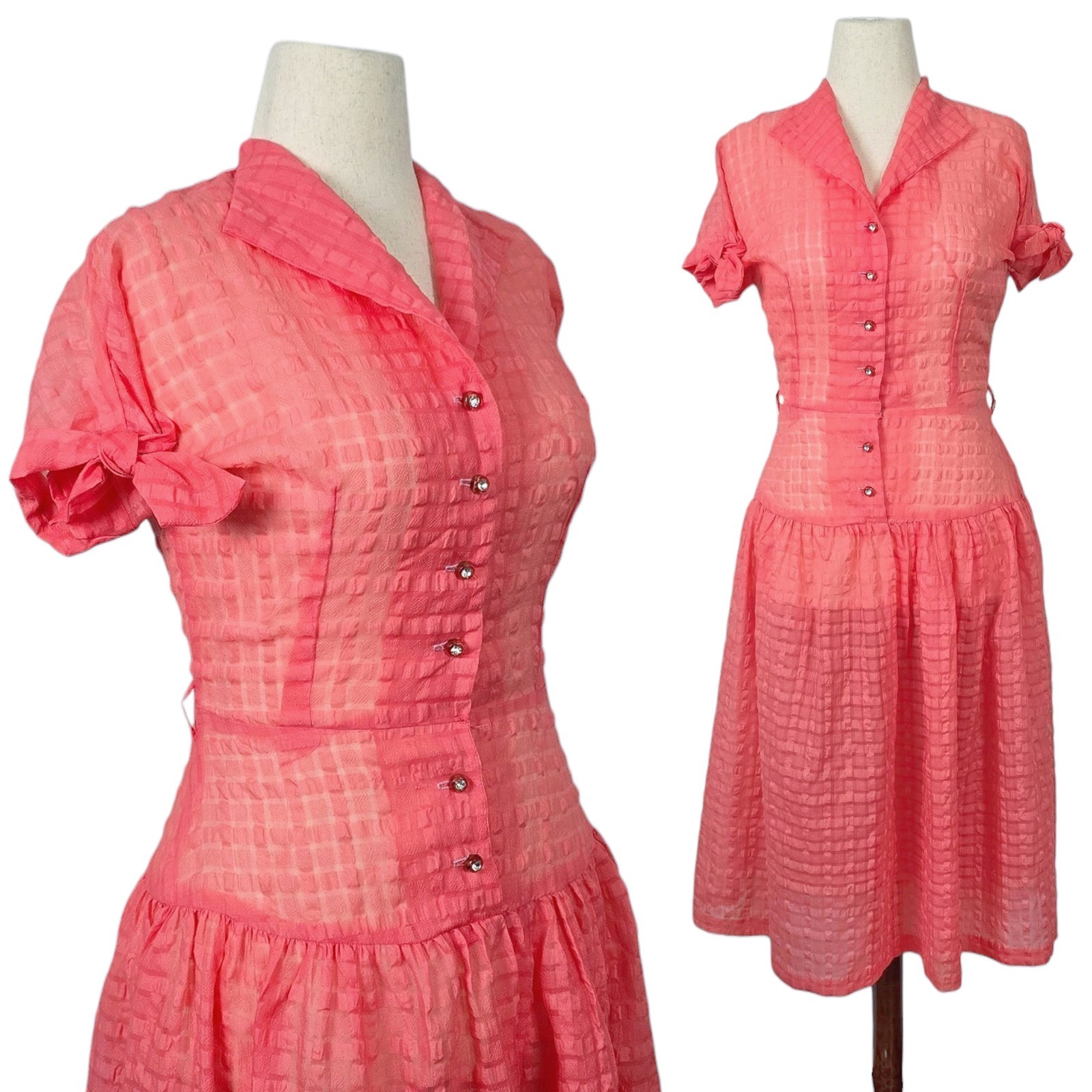 1950s Vintage Dress 50s Seersucker Sheer Midi Coral Pink Medium Fit N Flare Vtg