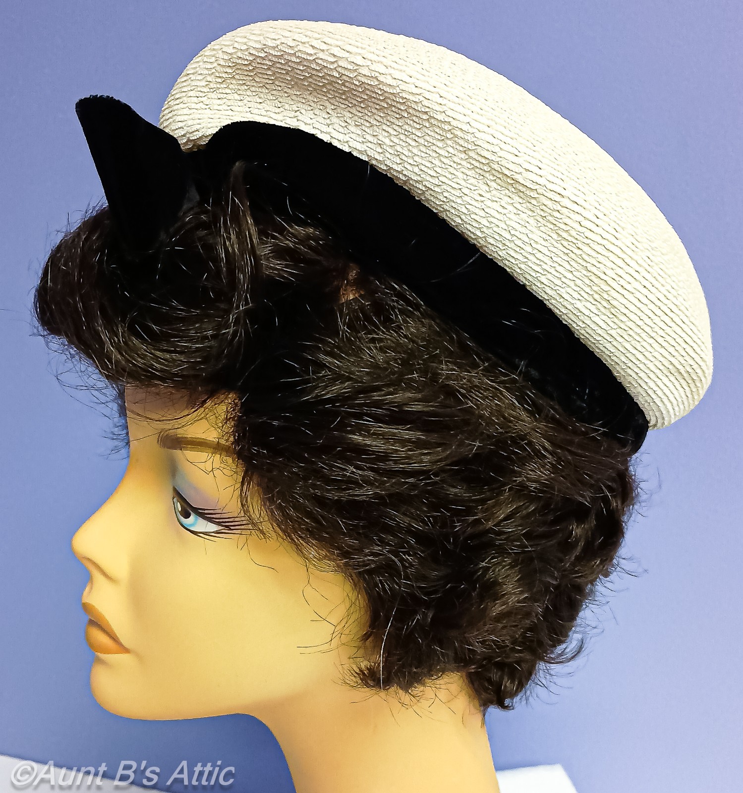 Vintage 60’s Ladies White Synthetic Straw With Blk Velvet Band Dress Hat 22 1/2