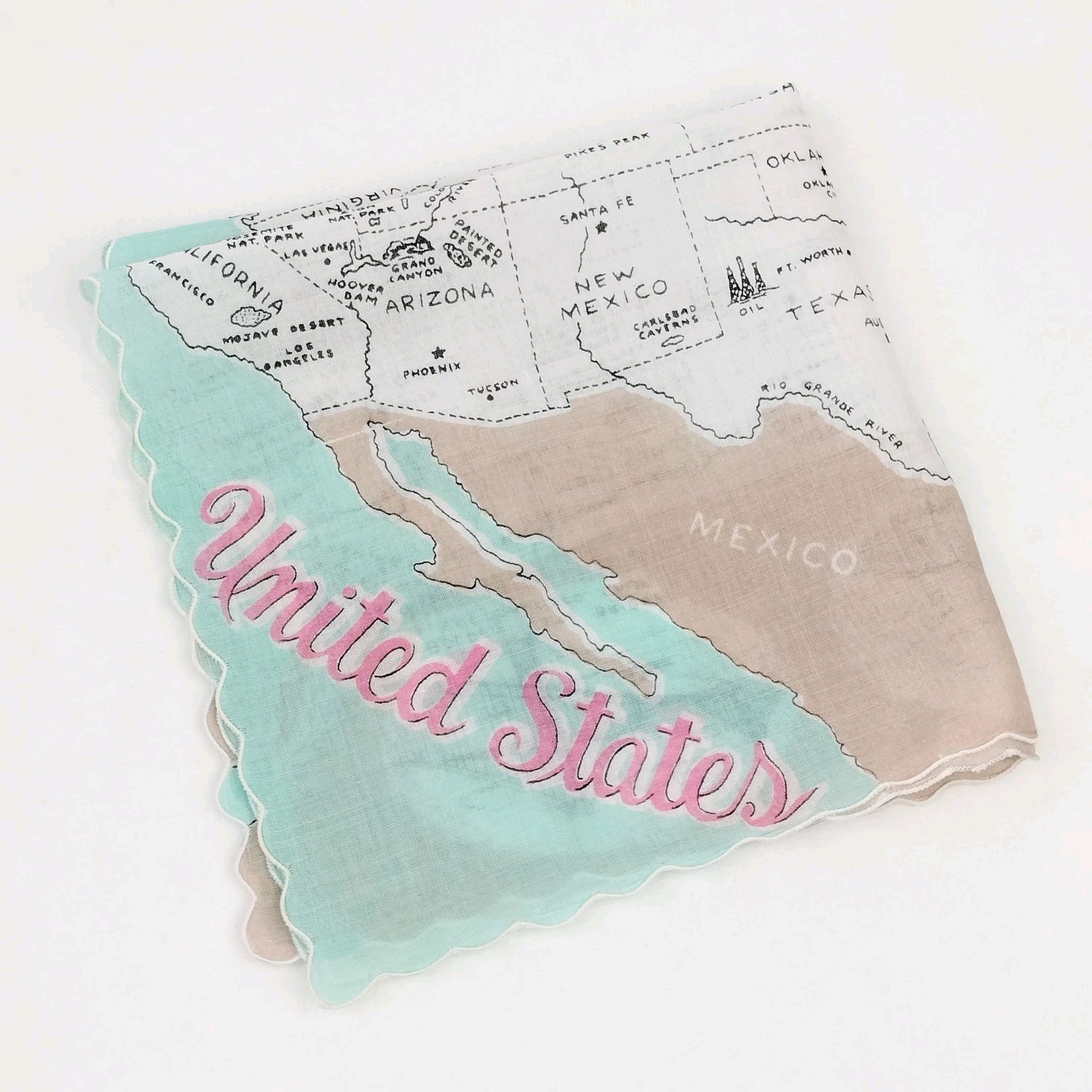 Vtg 50s Franshaw United States Map 48 States Hankie Travel Souvenir Blue Pink