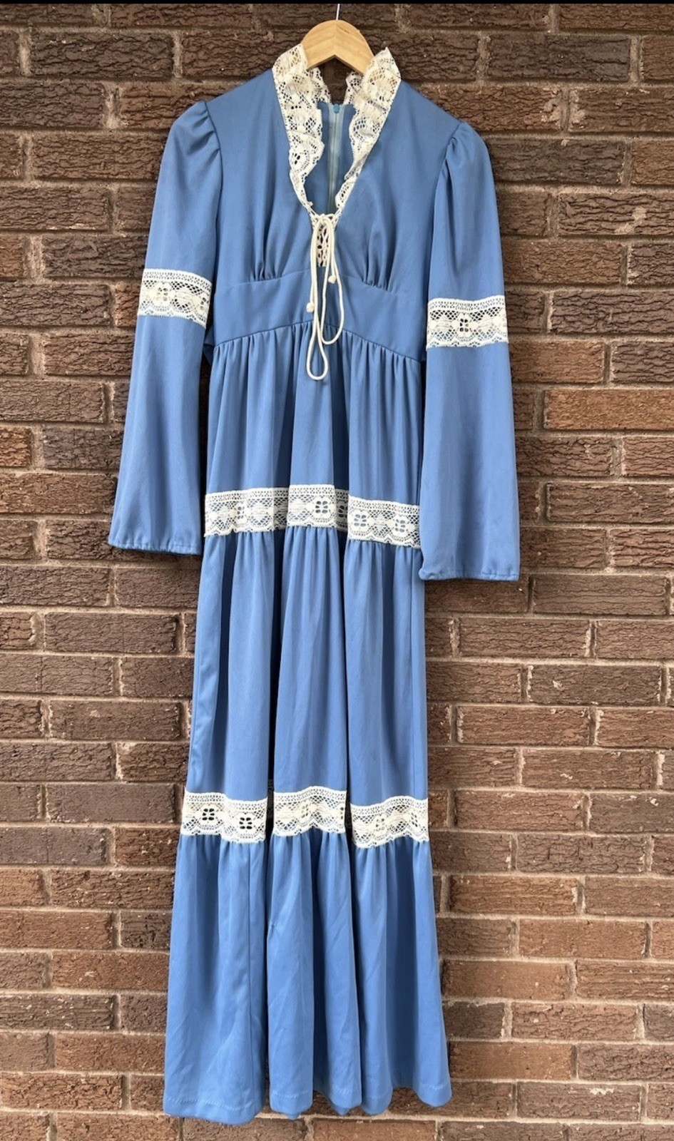 Vintage 1970’s Cottage Core Prairie Maxi Dress Blue Romantic Medium