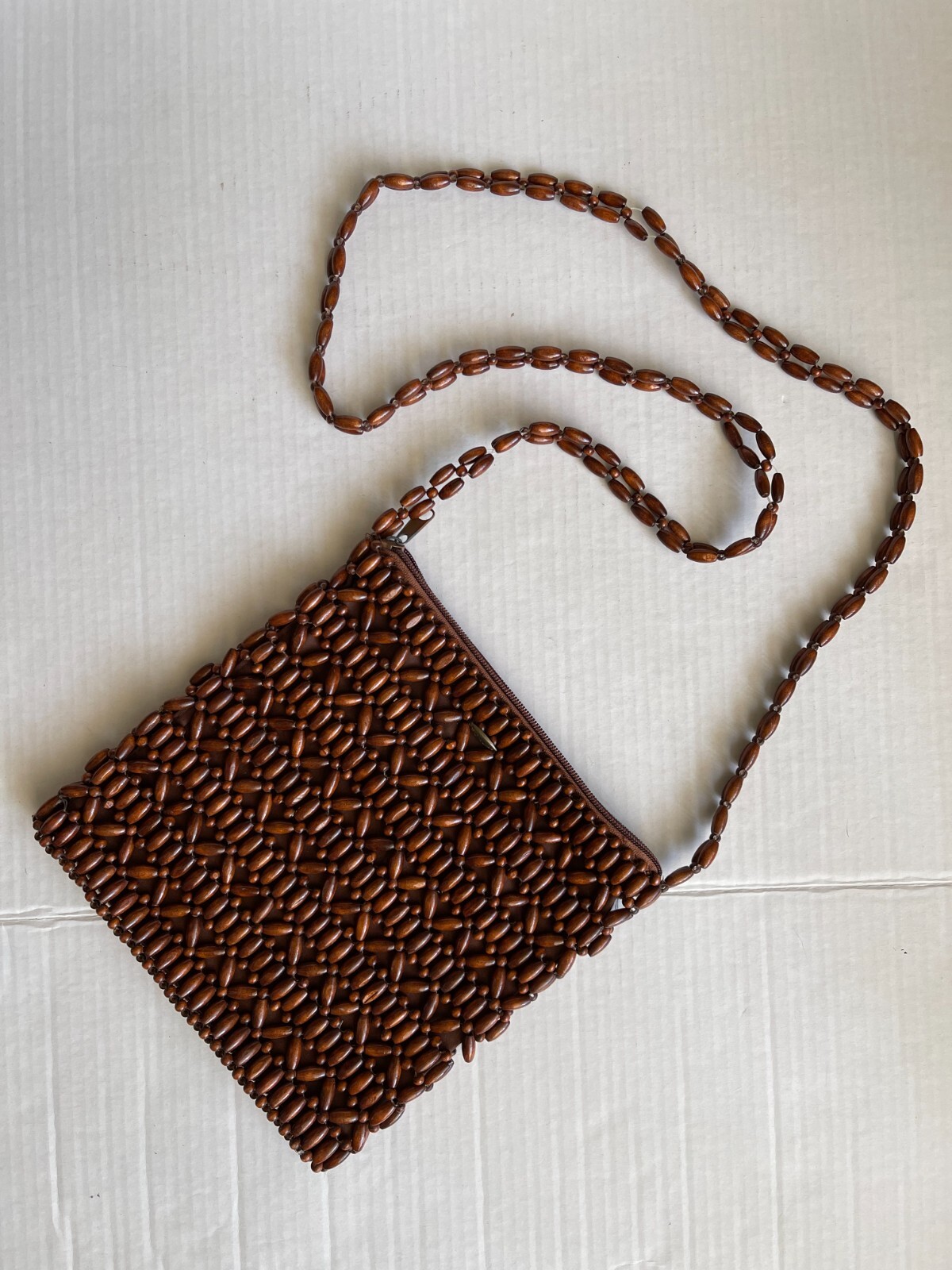 Vintage Scala Wooden Beaded Shoulder Bag Fabric Lining Inner Zip Pocket 9″x9″