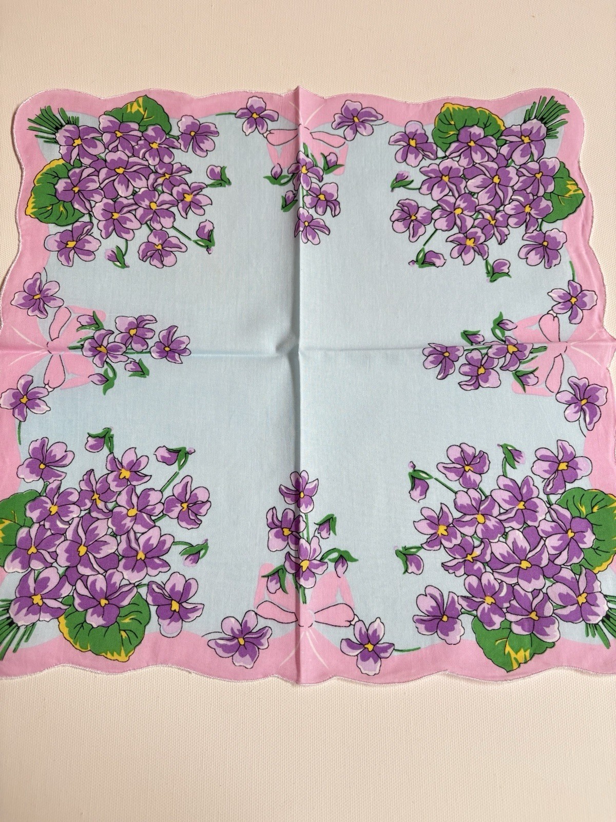 Beautiful New LuRay VIOLET Bouquet Handkerchief Hankie With Lovely Pink Border