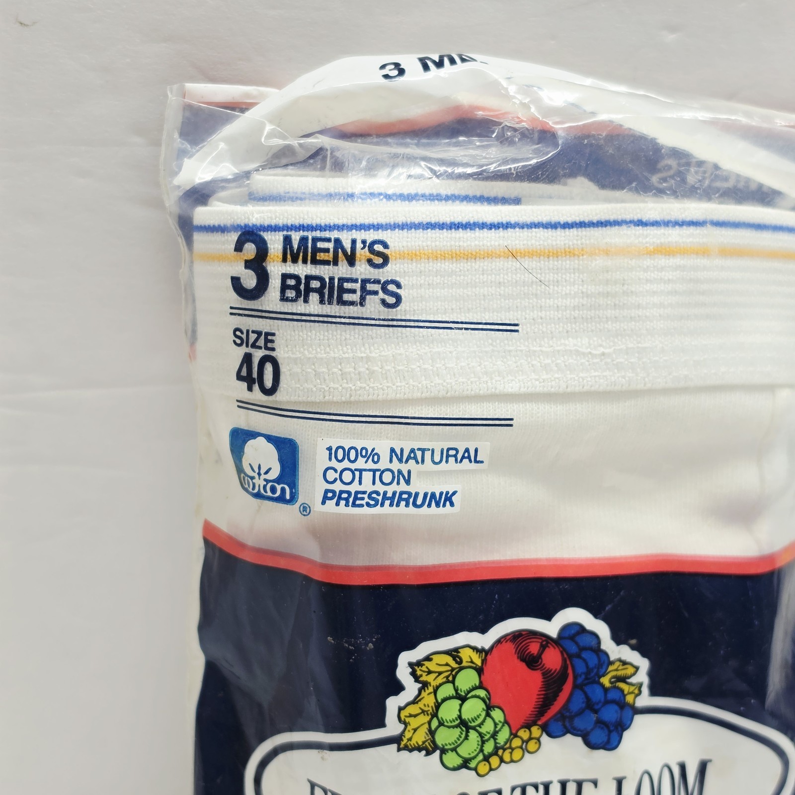 3-Pk Vintage 1989 Fruit Of The Loom Men’s 100% Cotton Briefs, Size 40 Sealed