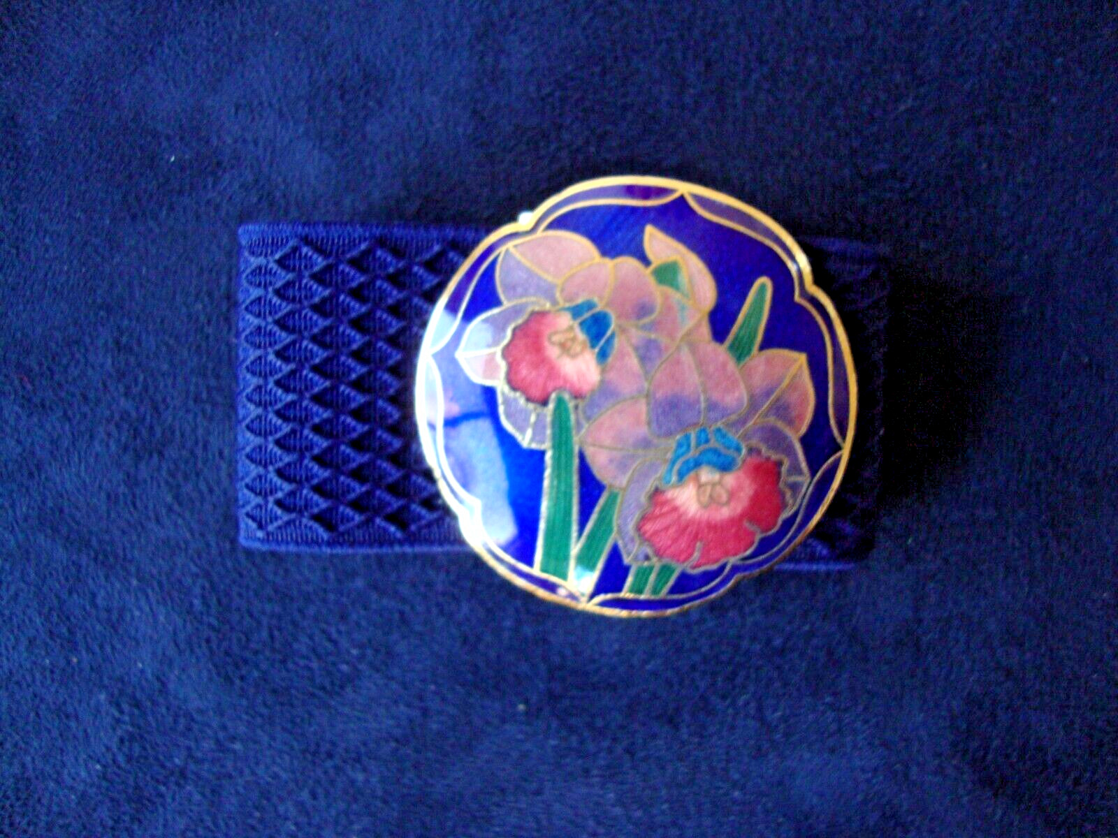 VINTAGE ART NOUVEAU CLOISONNE MULTICOLOR IRIS COBALT BUCKLE W/ ELASTIC BELT