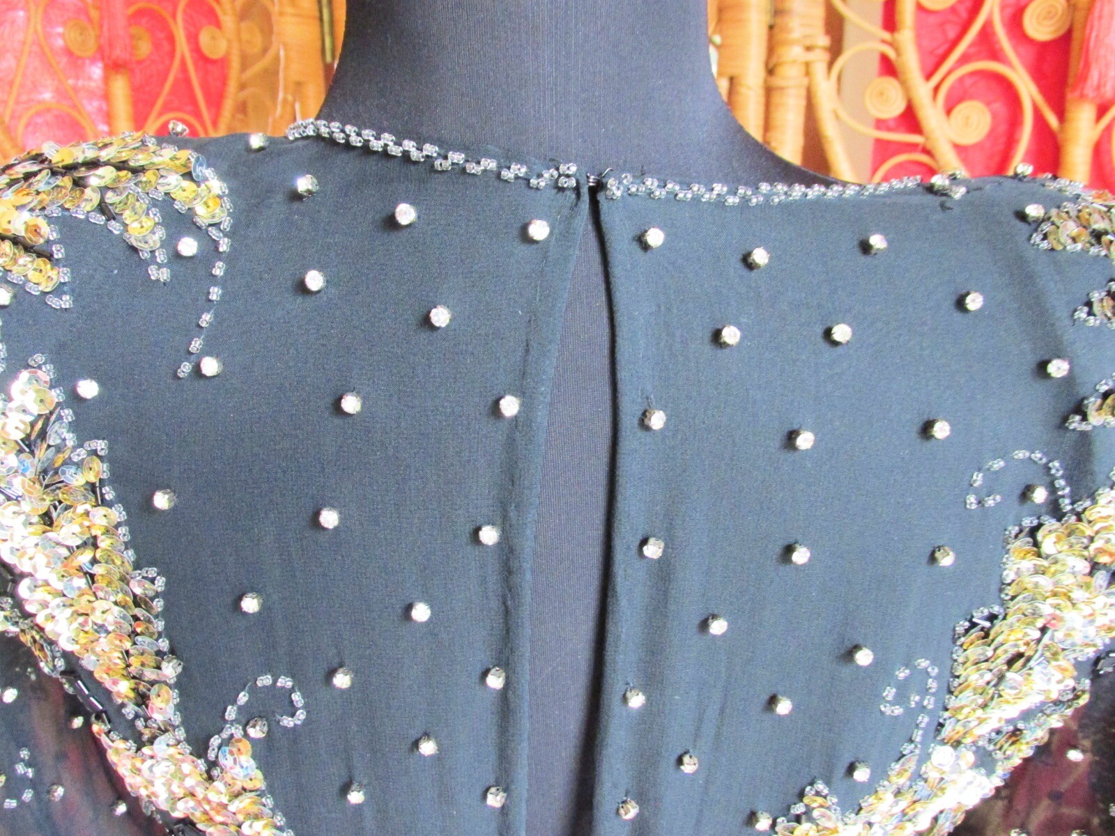 Niteline Black Silk Dress Silver & Gold Sequins Rhinestone Stud Sheer Neck SZ 4