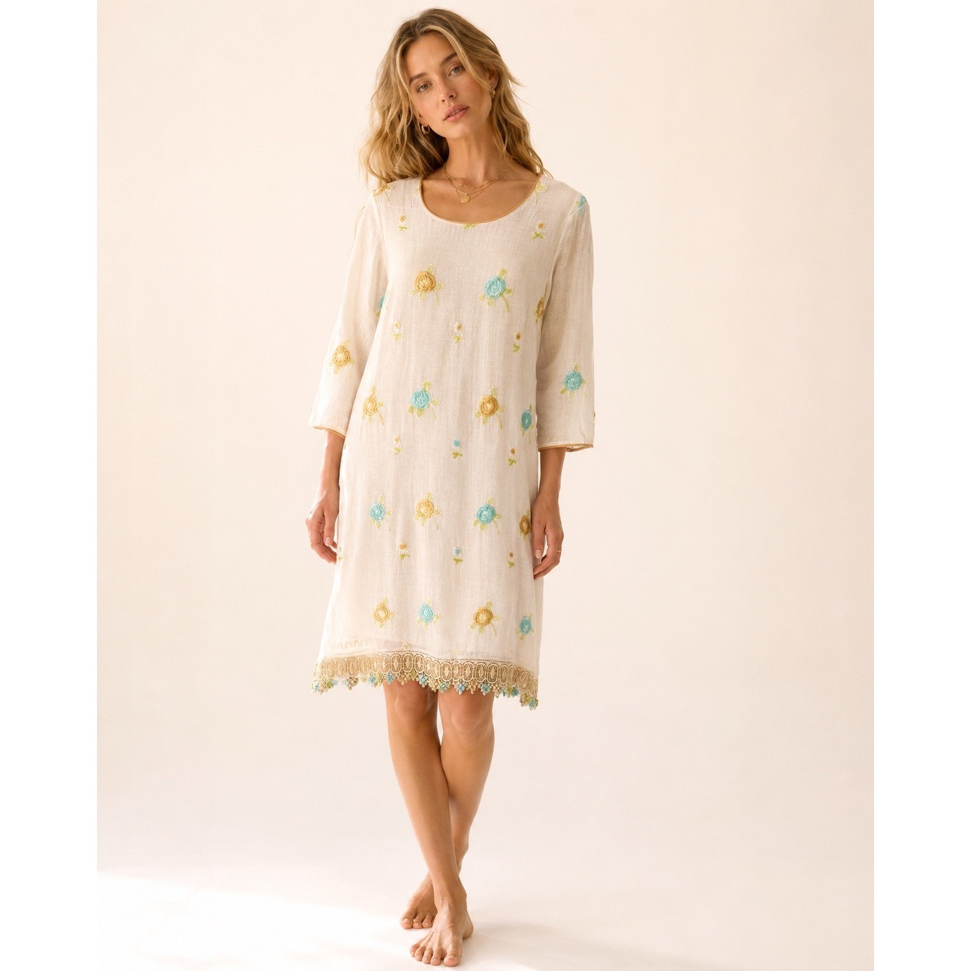 VTG Cottagecore Floral Embroidered Linen Midi Dress | white/Cream