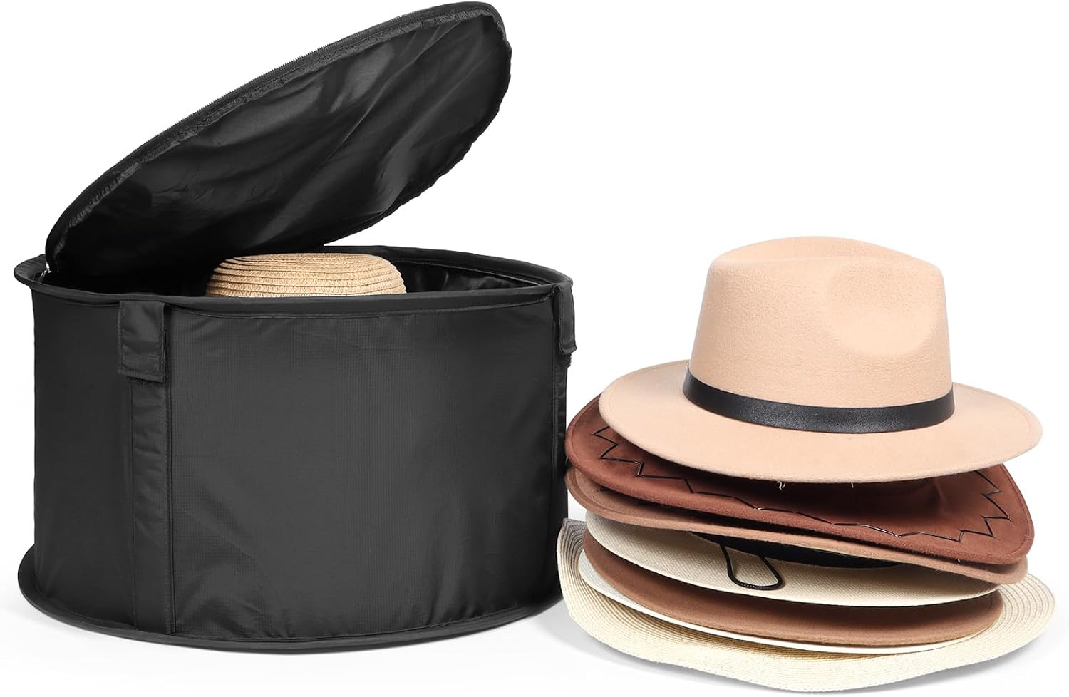 WOMACO Black Large Modern Hat Box for Storage, Stackable Hat Organizer Case for
