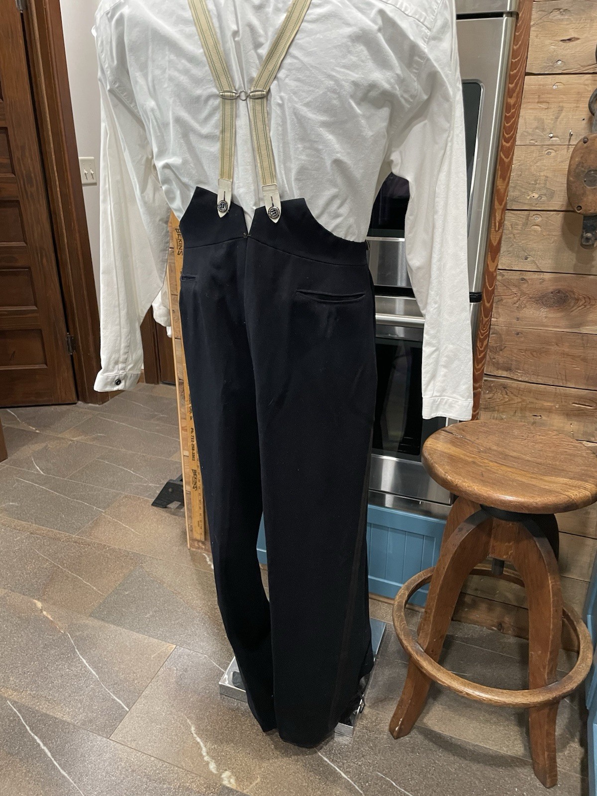 30s VTG Mens Basil Durant Tuxedo Black Wool Suspender FISHTAIL Trousers Pants 34