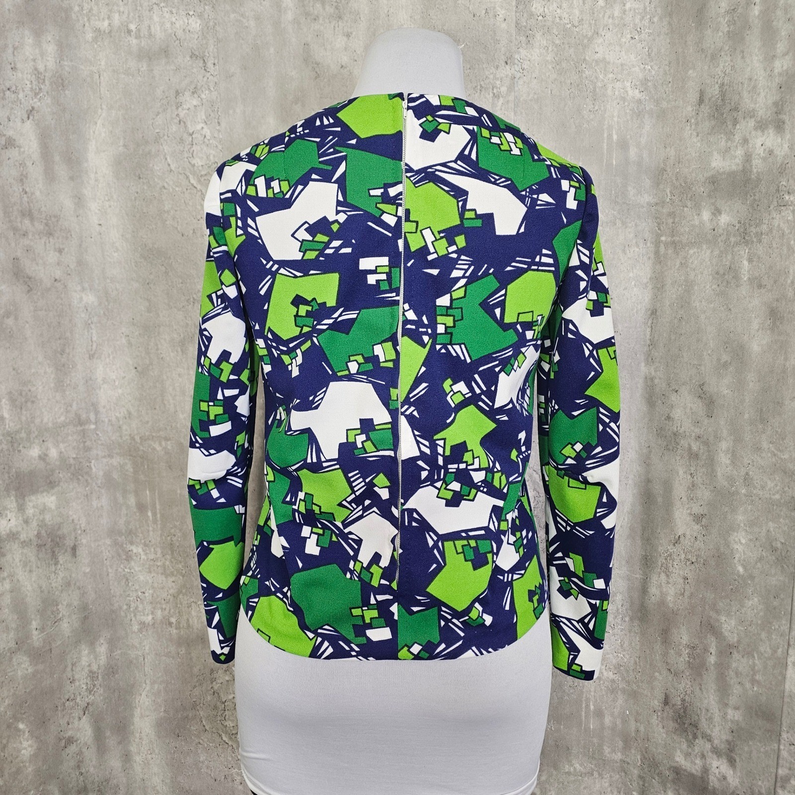 Vintage 60s Mod Geometric Top Green Blue Double Knit Talon Zip Handmade