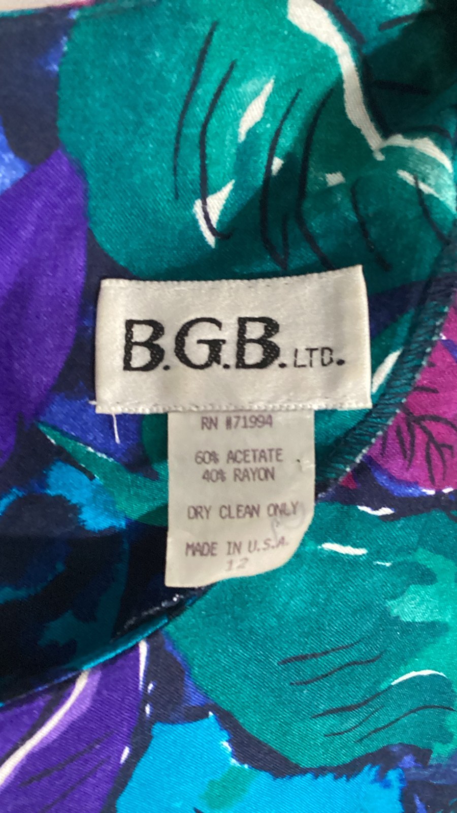 Vintage 80s 90s BGB Maxi Dress Vibrant Blue Green Purple Tropical Shoulder Pads