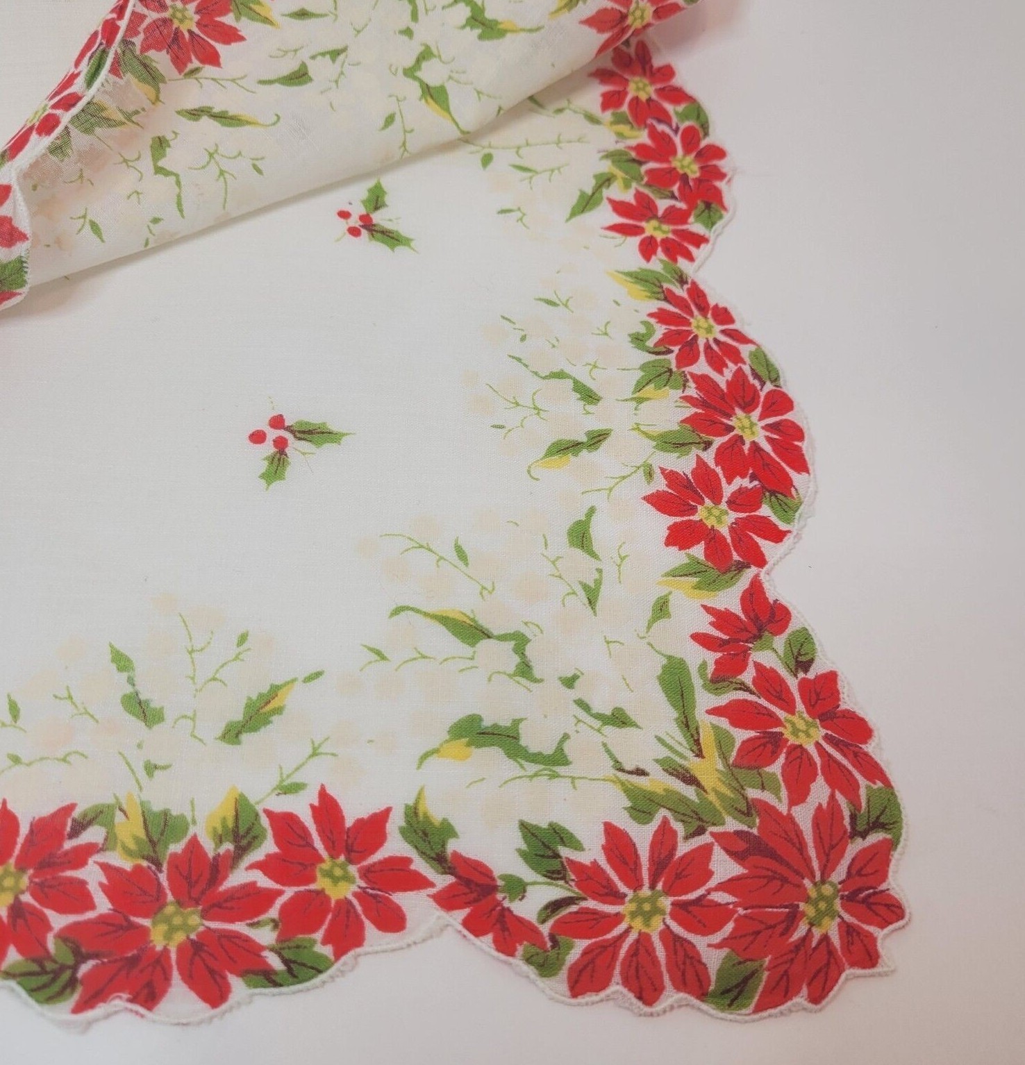 Vtg Christmas Hanky Lily Of The Valley Poinsettia Scalloped Edge Decor Crafts