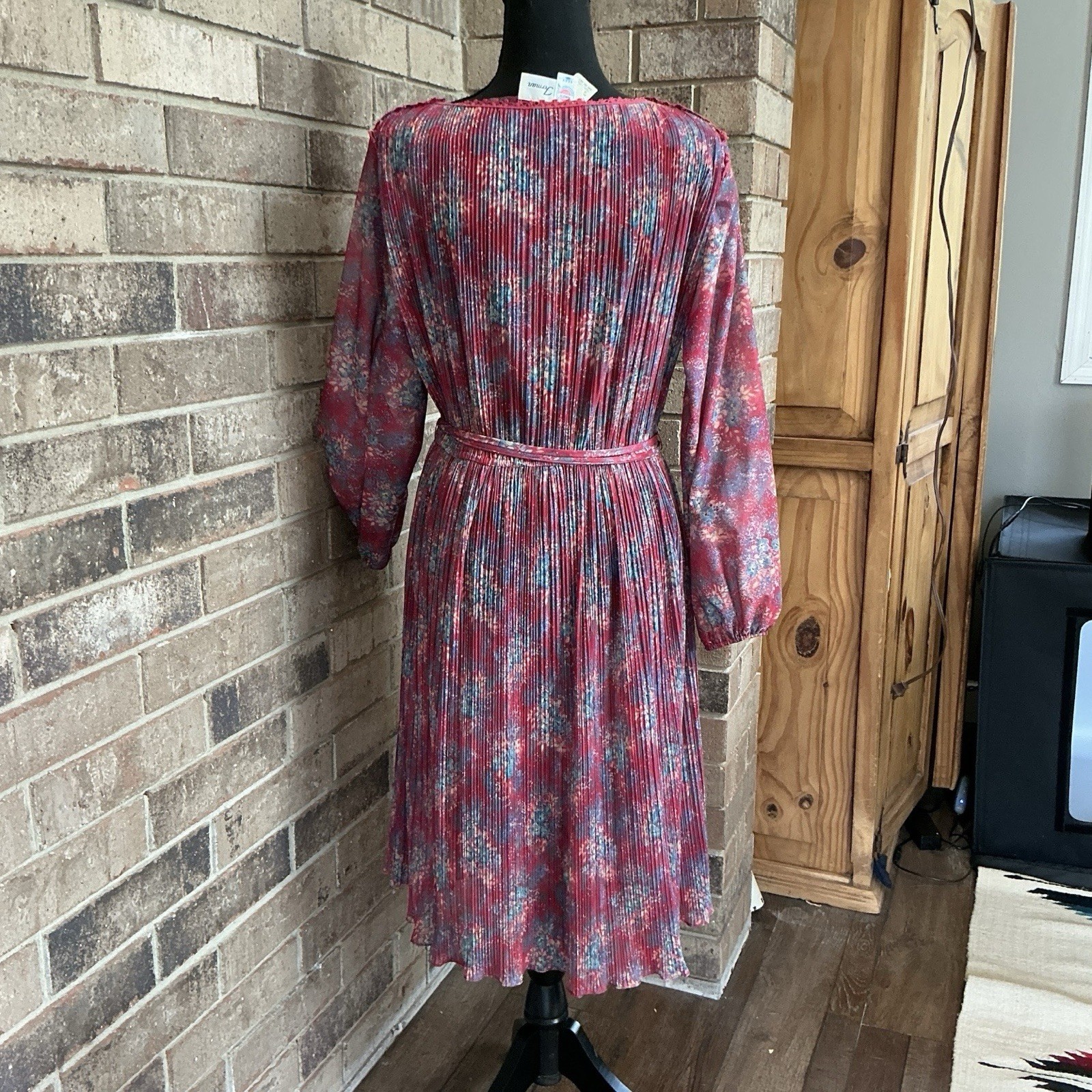 70s VTG Hal Ferman Floral Pleated Dress Belt ILGWU Union USA Made Size XS/S 28D7