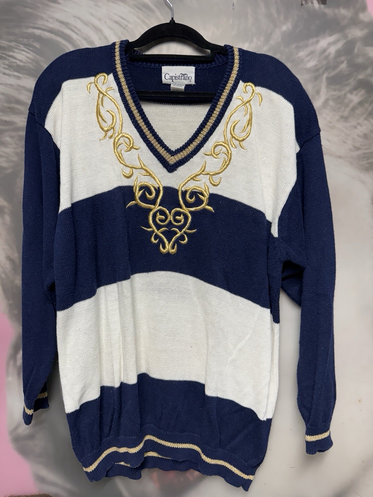 Vintage Capistrano Blue And White Nautical Sweater Gold Accents 22-24