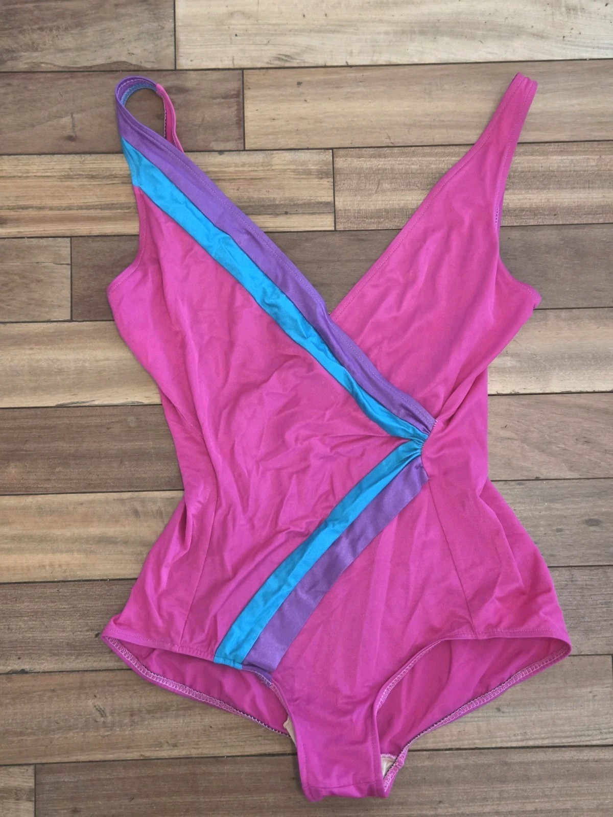 Vintage 80s Hot Pink Bathing Suit Stripe Accent Union Made One-piece Bikini