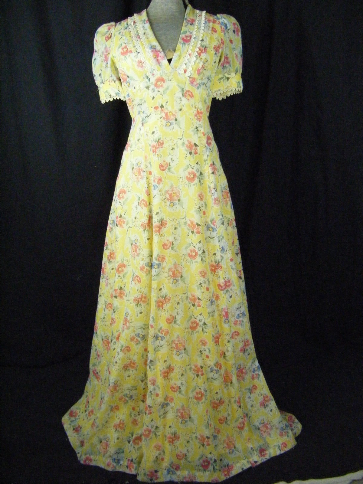 Vtg 70s Yellow Water Color Floral 1930s Inspired Long Dress-Bust 34/2XS