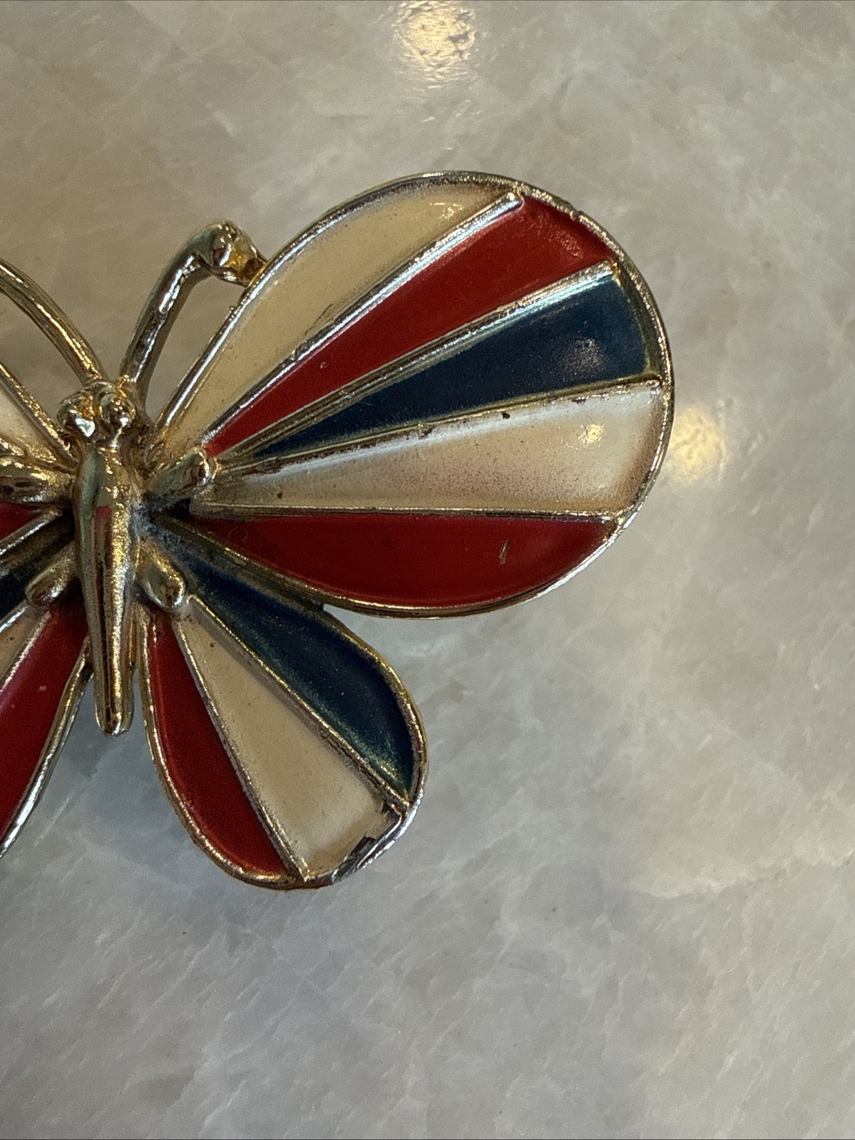 Vintage Enamel Butterfly Hair Clip Barrette Red White Blue