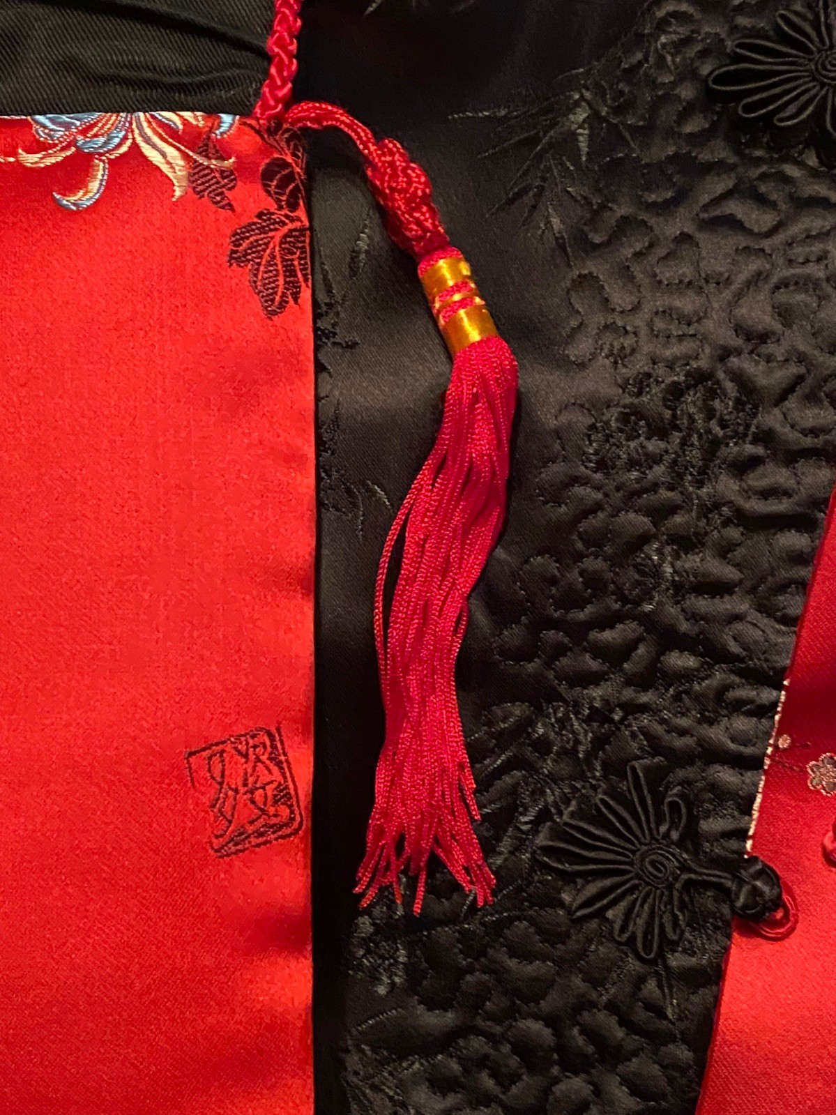 Vintage Chinese Silk Floral Red Black Jacket Reversible Peony Brand L with bag
